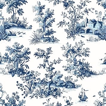 VaryPaper 17.7x78.7 Toile Peel and Stick Wallpaper Blue and White French Country Wallpaper for Bathroom Waterproof Self Adhesive Chinoiserie Wall Mural Removable Vintage Contact Paper for Cabinets