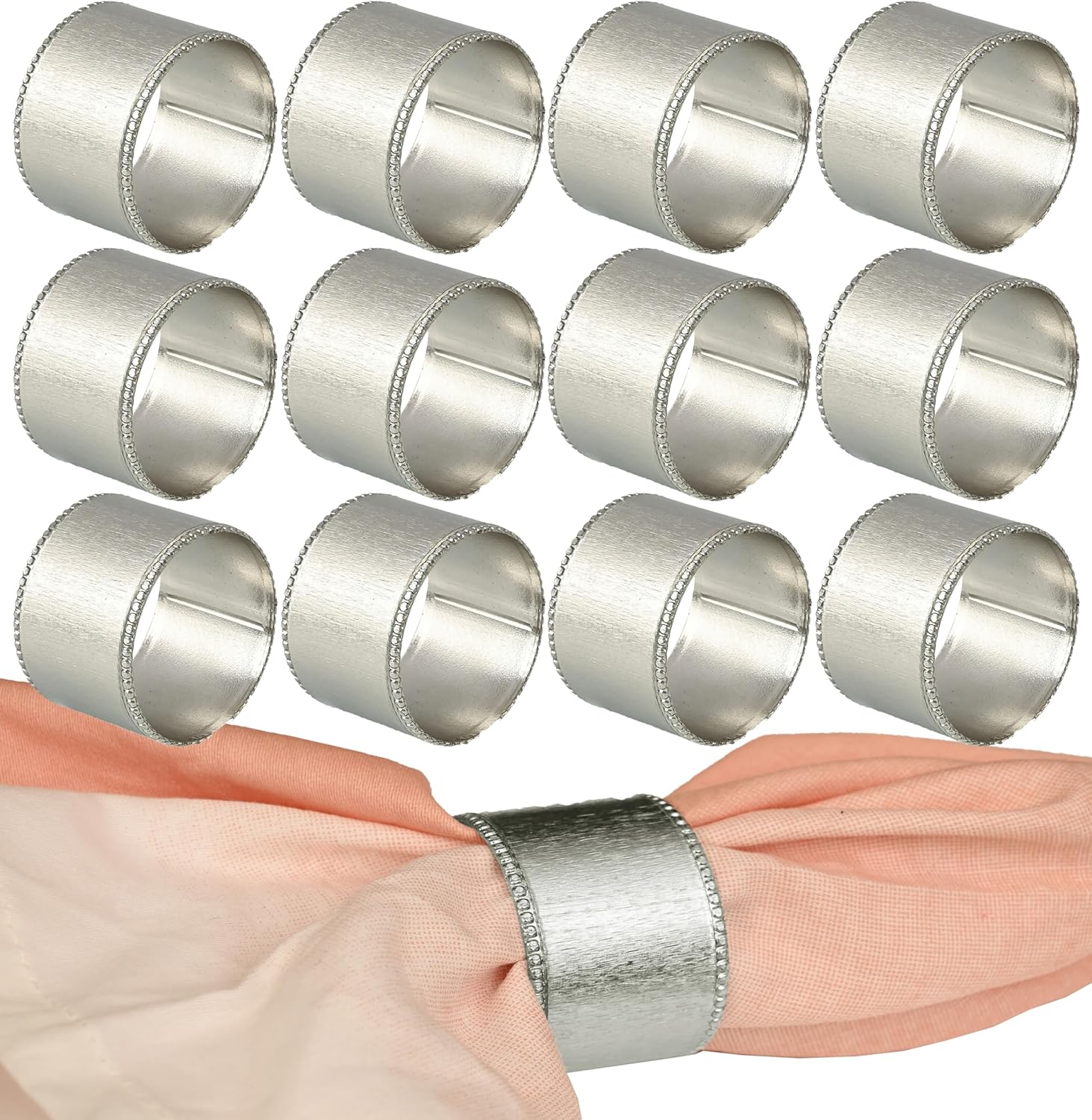CLEENTABLE Decorative Napkin Ring - 12 Pack Decorative Metal Round Napkin Holders, Finish with Beaded Edge, Vintage Rustic Metal Napkin Rings for Dining, Weddings, Holidays (Silver)
