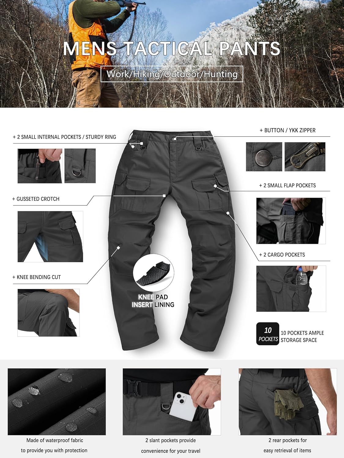 Men's Tactical Pants Water Resistant Stretch Cargo Ripstop Pants Lightweight Breathable Outdoor Work Hiking Pants - Image 6