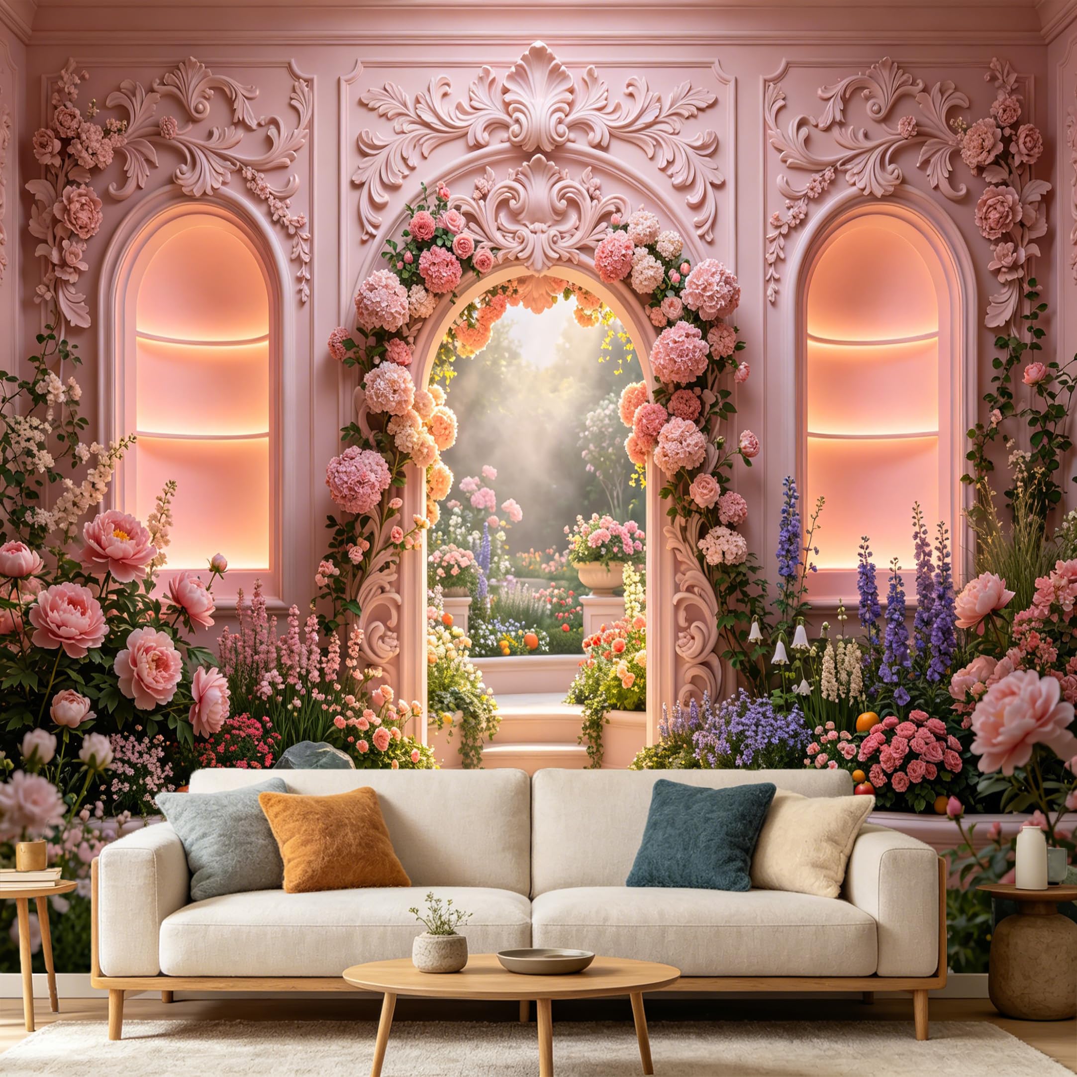Custom Size Wall Mural， 3D Neoclassical Pink Archway Hydrangea Garden View， SelfAdhesive Art Prints wall Fabric Removable Large Wallpaper Home Living Room Decor