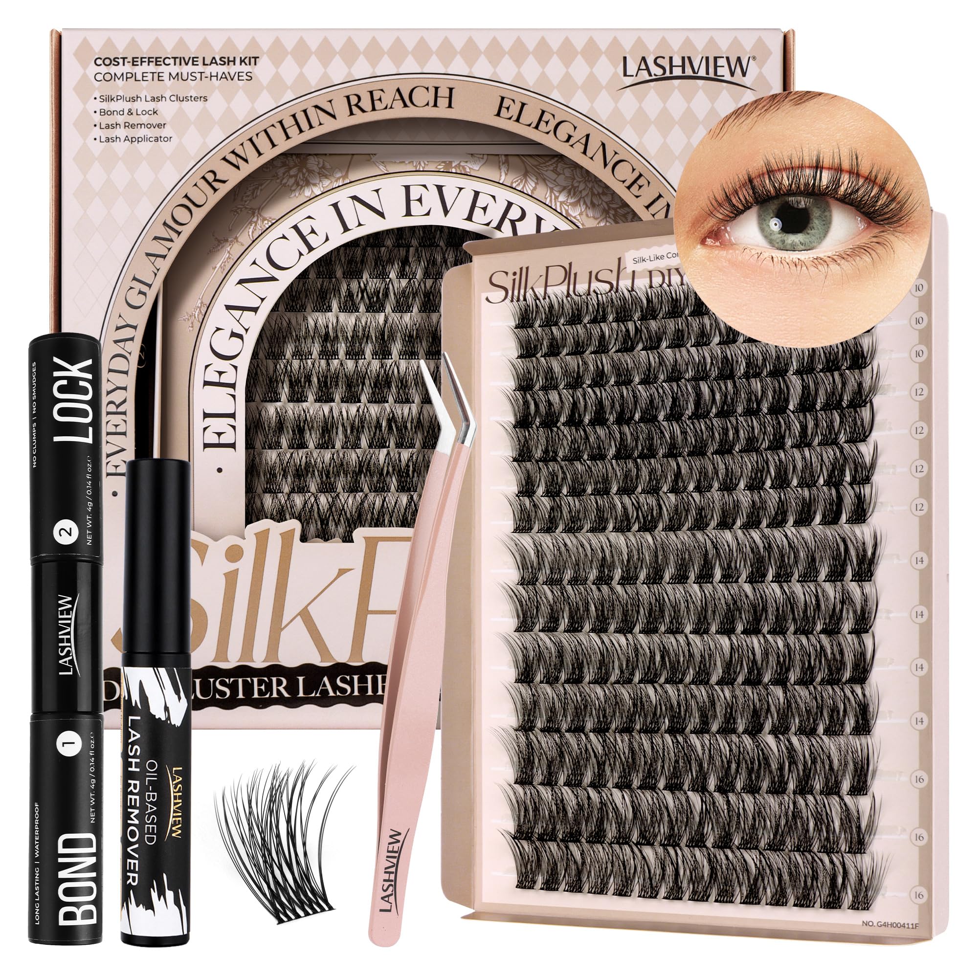 LASHVIEW Wimpern Extensions Kit, 196 Pieces Cluster Lashes, D Curl Volume Künstliche Wimpern mit Wimpernkleber,Versiegelung, Entferner, Applikator, DIY Wimpern selbst stylen (10-16 mm Mix)