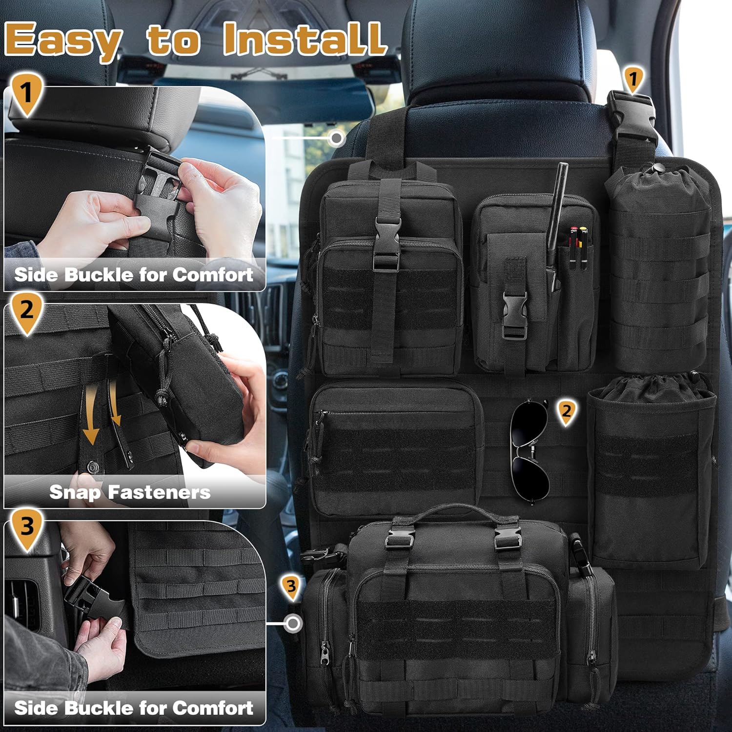 6 Pack Tactical Car Seat Back Organizer, Universal Vehicle Panel Storage Bag with 6 Detachable Molle Pouch Fits for Truck, Pickup, SUV, Bag Only