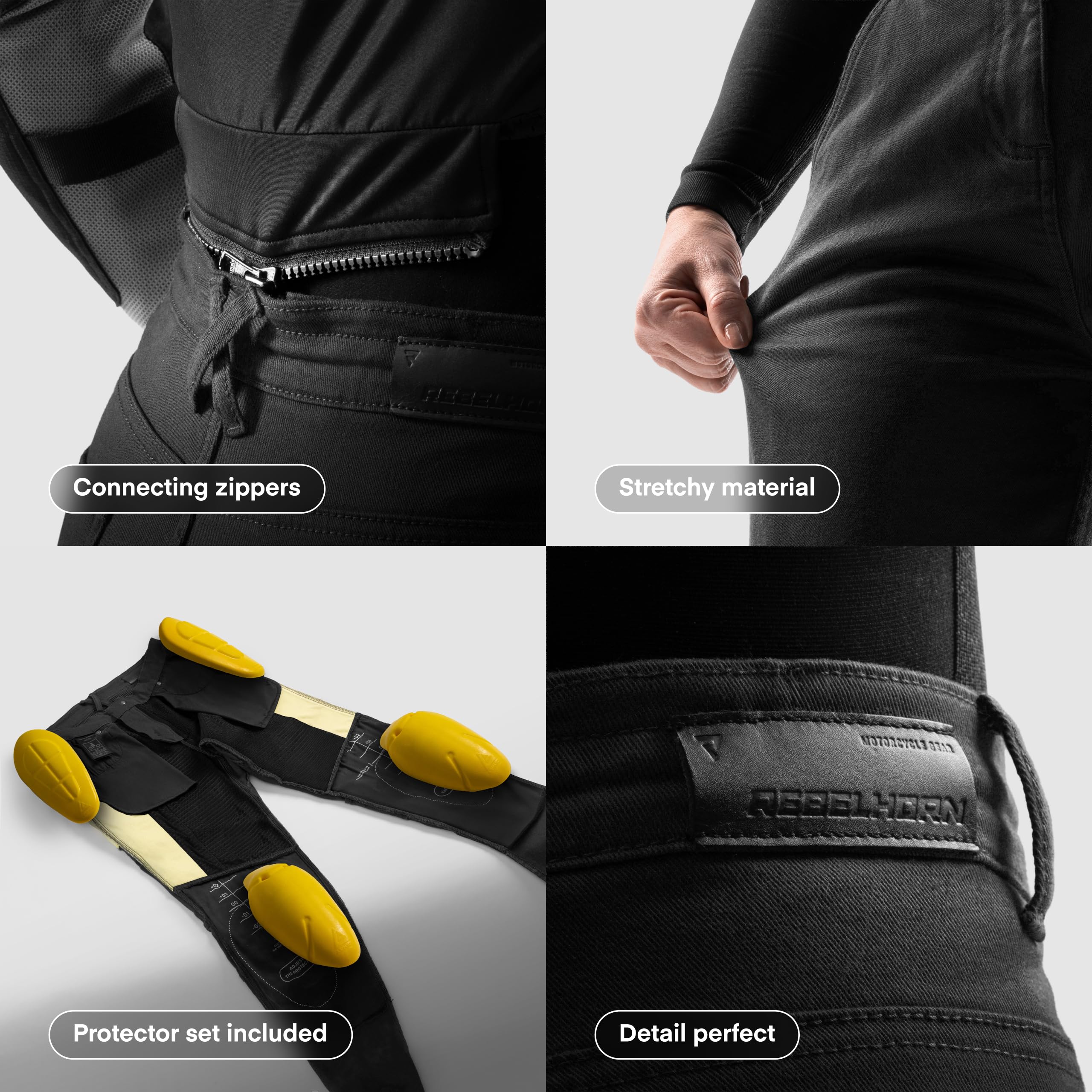 REBELHORN Faster Lady Motorradjeans Damen | Aramidfaser Futter | Knie und Hüftprotektoren Stufe 2 | Tasche für Steißbeinprotektor | Cargotasche | Tapered Fit