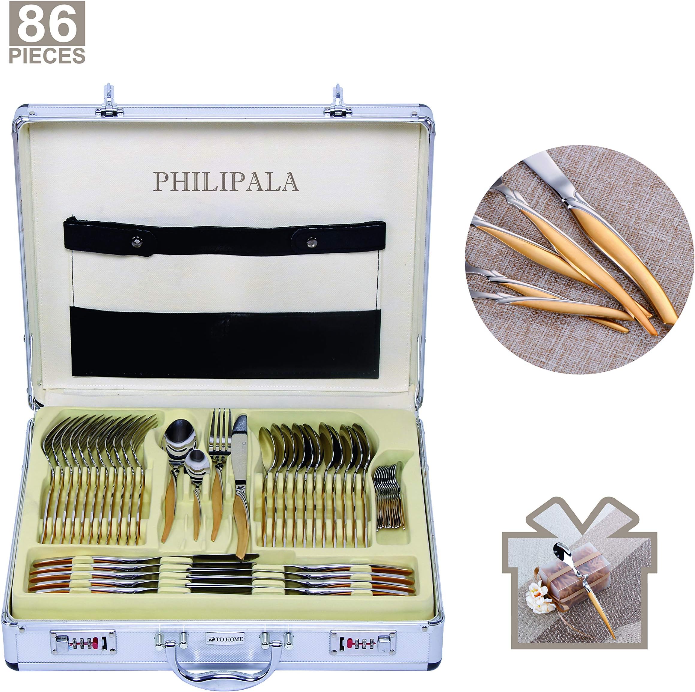 PHILIPALA 86-piece Flatware Sets Stainless Steel 18/10 Cutlery Set for 12 people with special shape design,Silverware Set with Aluminum box,suitable for large families and groups of friends