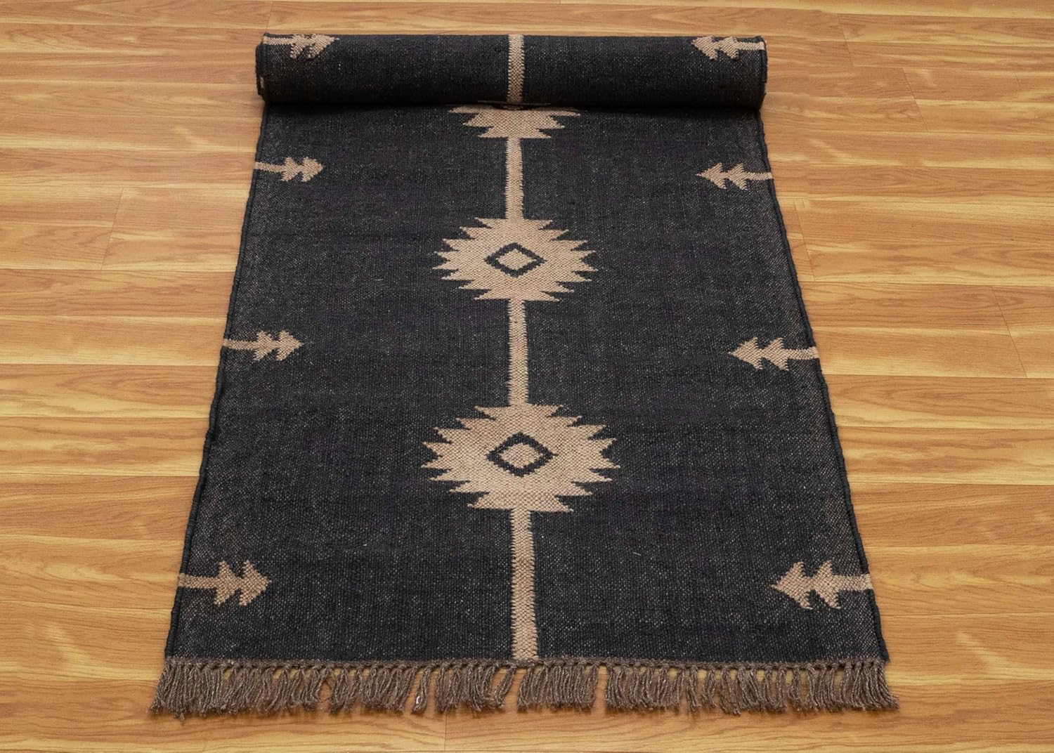 Wool Jute Runner 4x10 Kilim Reversible Southwestern Runner Moroccan Design Beige Black Hand Woven Rug Thick 0.19" Flatweave Carpet Indoor Outdoor Rugs for Hallway Enterway Corridor