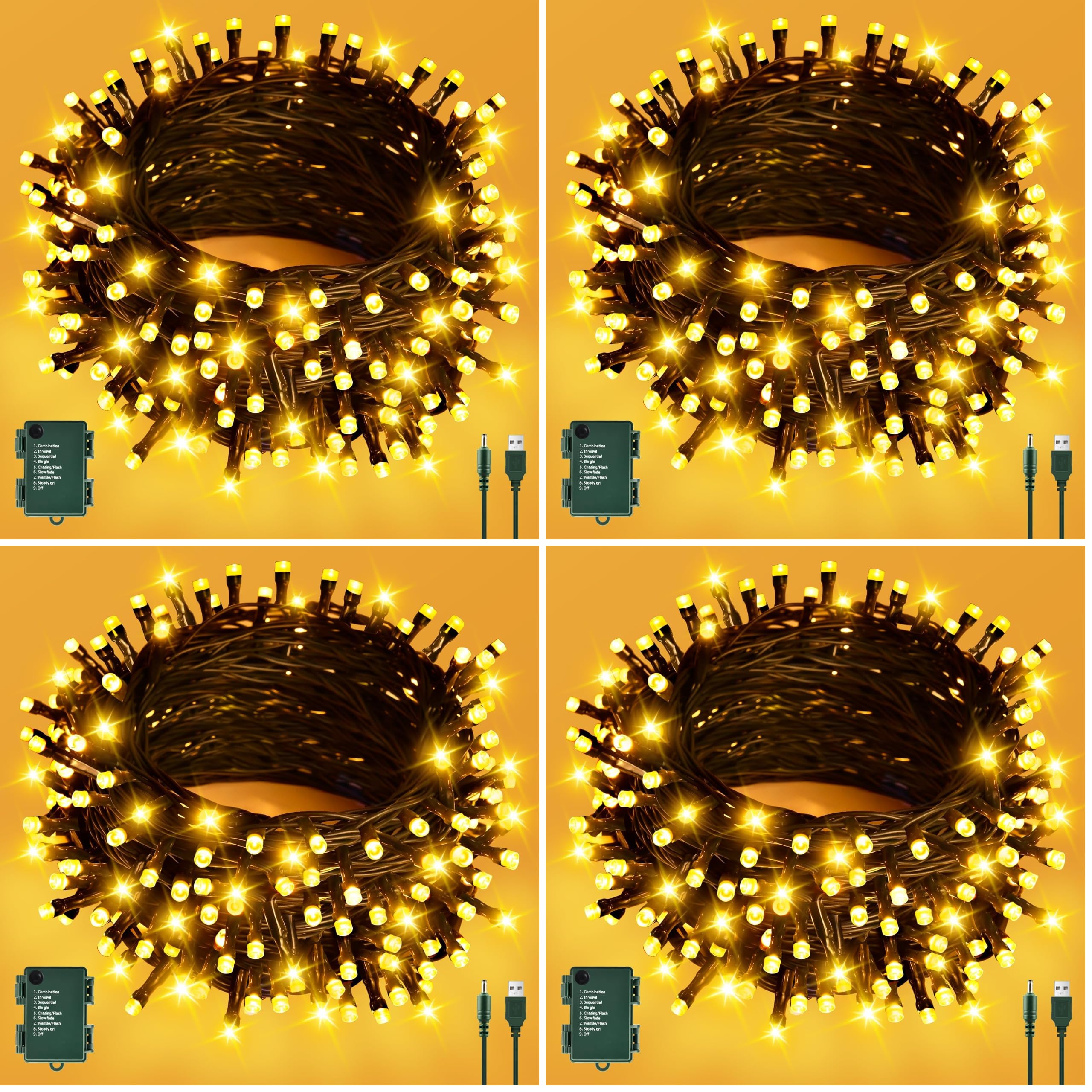 cshare Guirlande lumineuse d'extérieur à piles/USB, 12 m, 120 LED, avec minuterie, étanche IP65, pour sapin de Noël, jardin, décoration intérieure - Blanc chaud (Lot de 4)