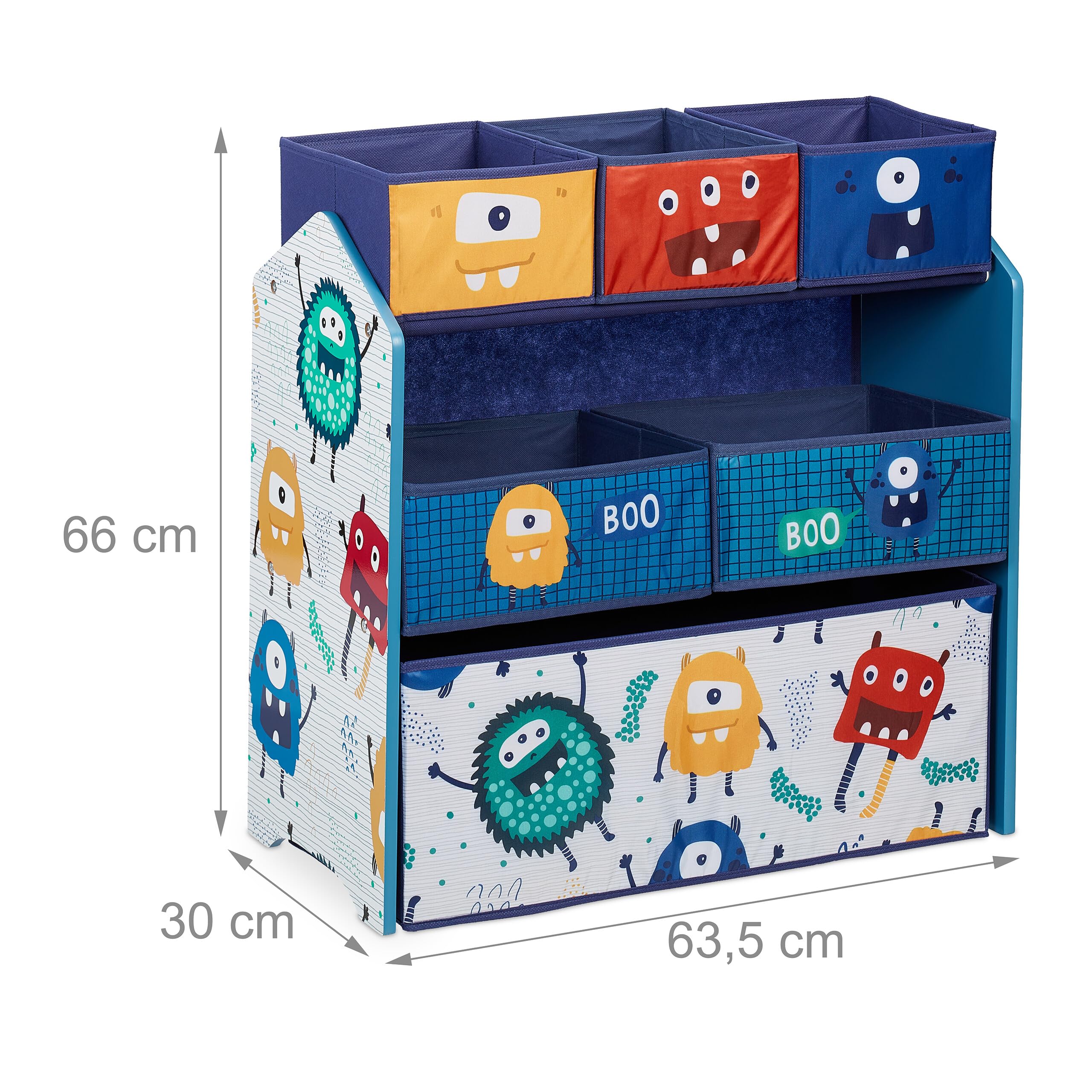 Relaxdays Estantería Infantil, 6 Cajas Tela, Monstruos, Librería Niños, Ruedas, 66x63,5x30cm, Caja Juguetes, Multicolor