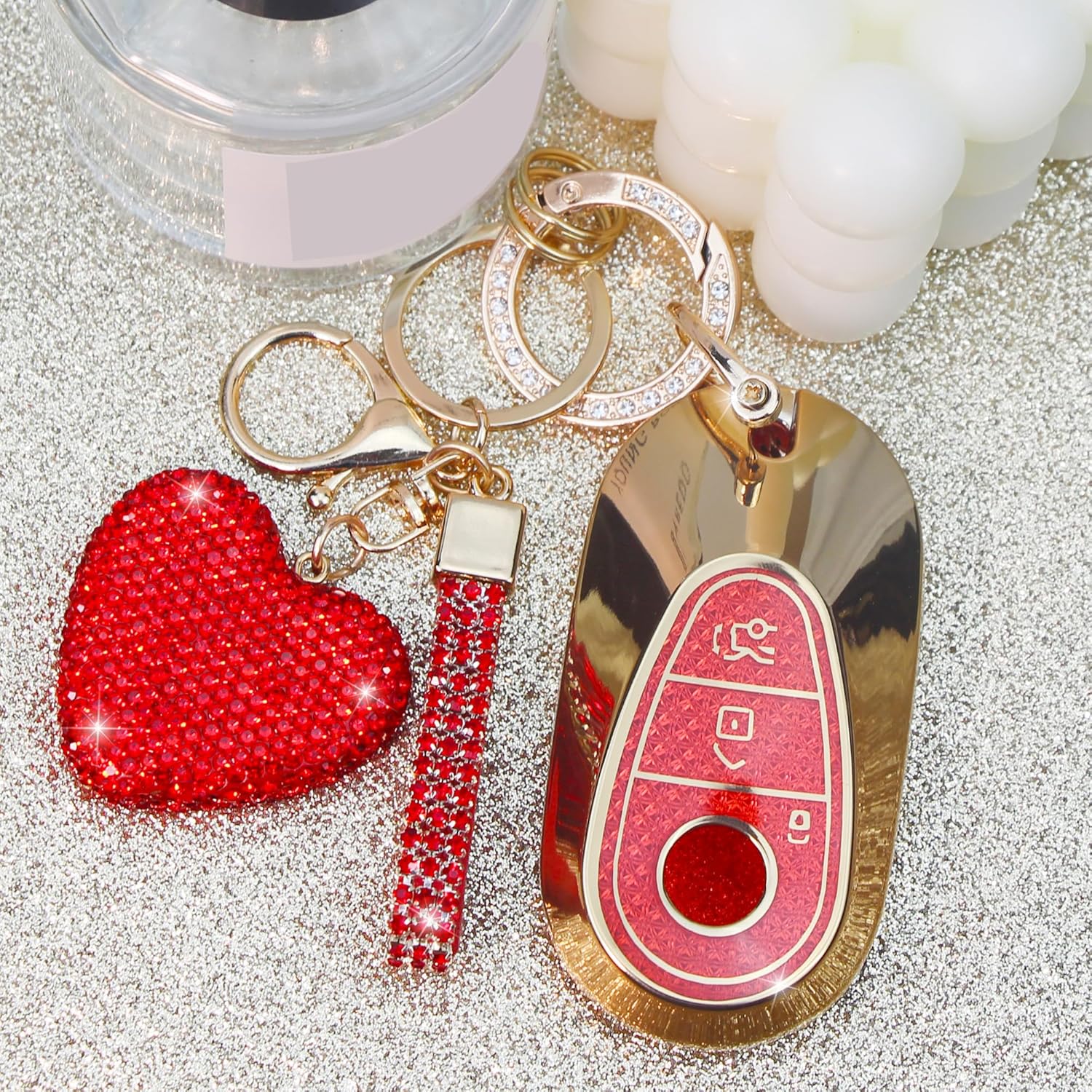 Key Fob Cover with Diamond Heart Keychain Car key Holder Compatible with Mercedes Benz 2020-2022 S-Class G-Class E-Class Protector for Women, 3 Buttons (Red) - Image 4