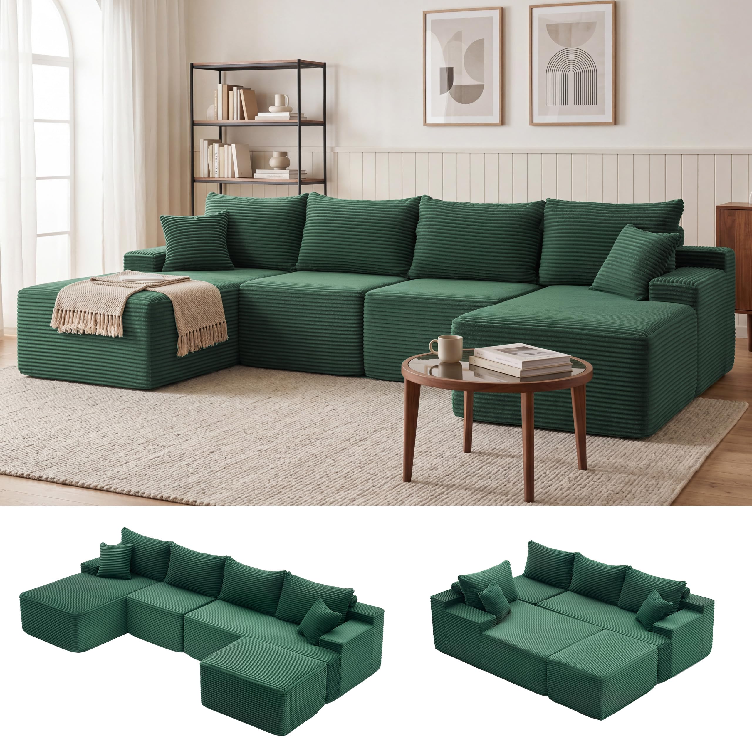 Mangodan Cloud Sectional Couch, Boneless Couches for Living Room, Green