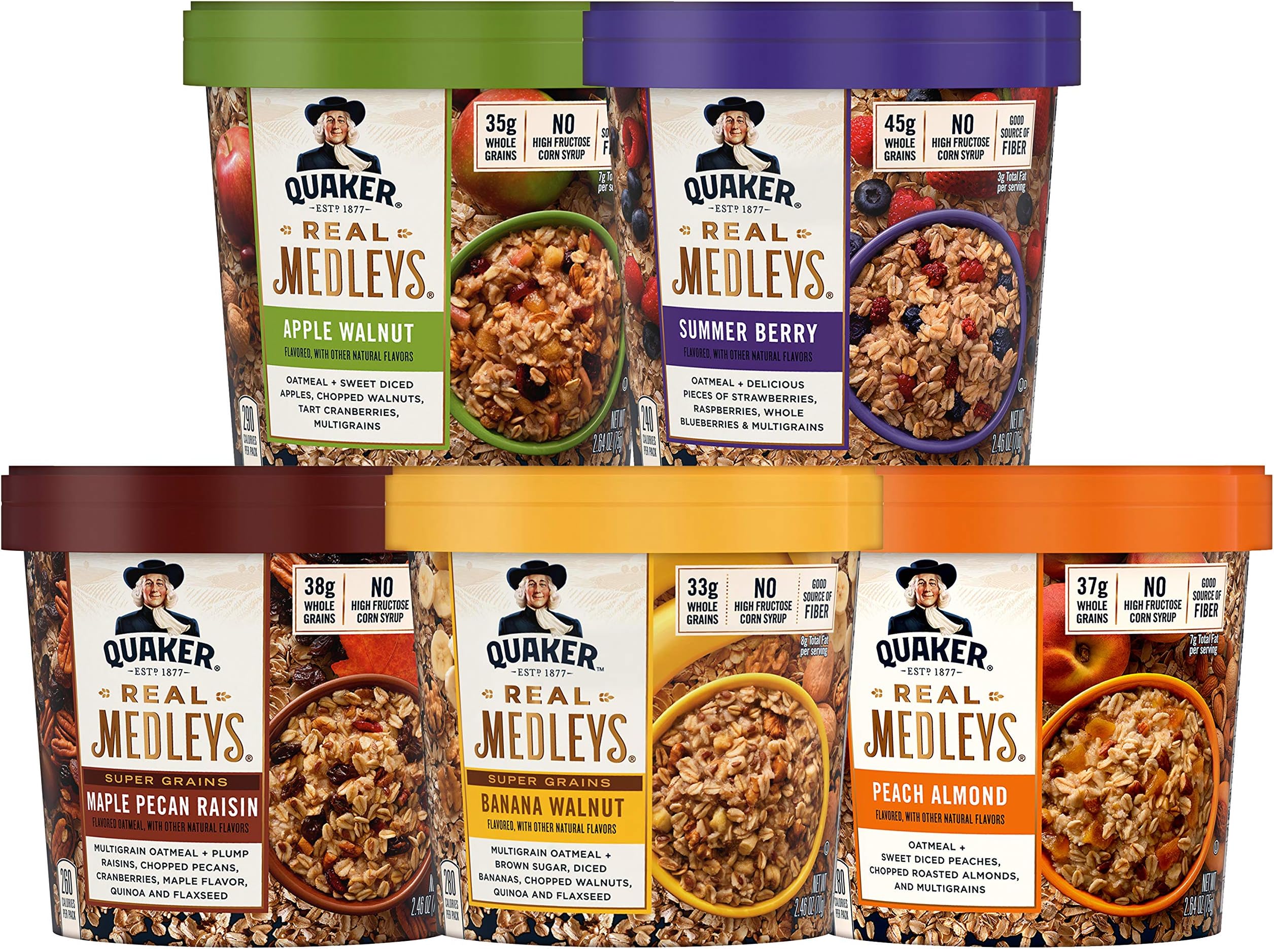 Quaker Real Medleys Oatmeal+, 5 Flavor Variety Pack, Oatmeal Cups, 2.46 Ounce (Pack of 12)