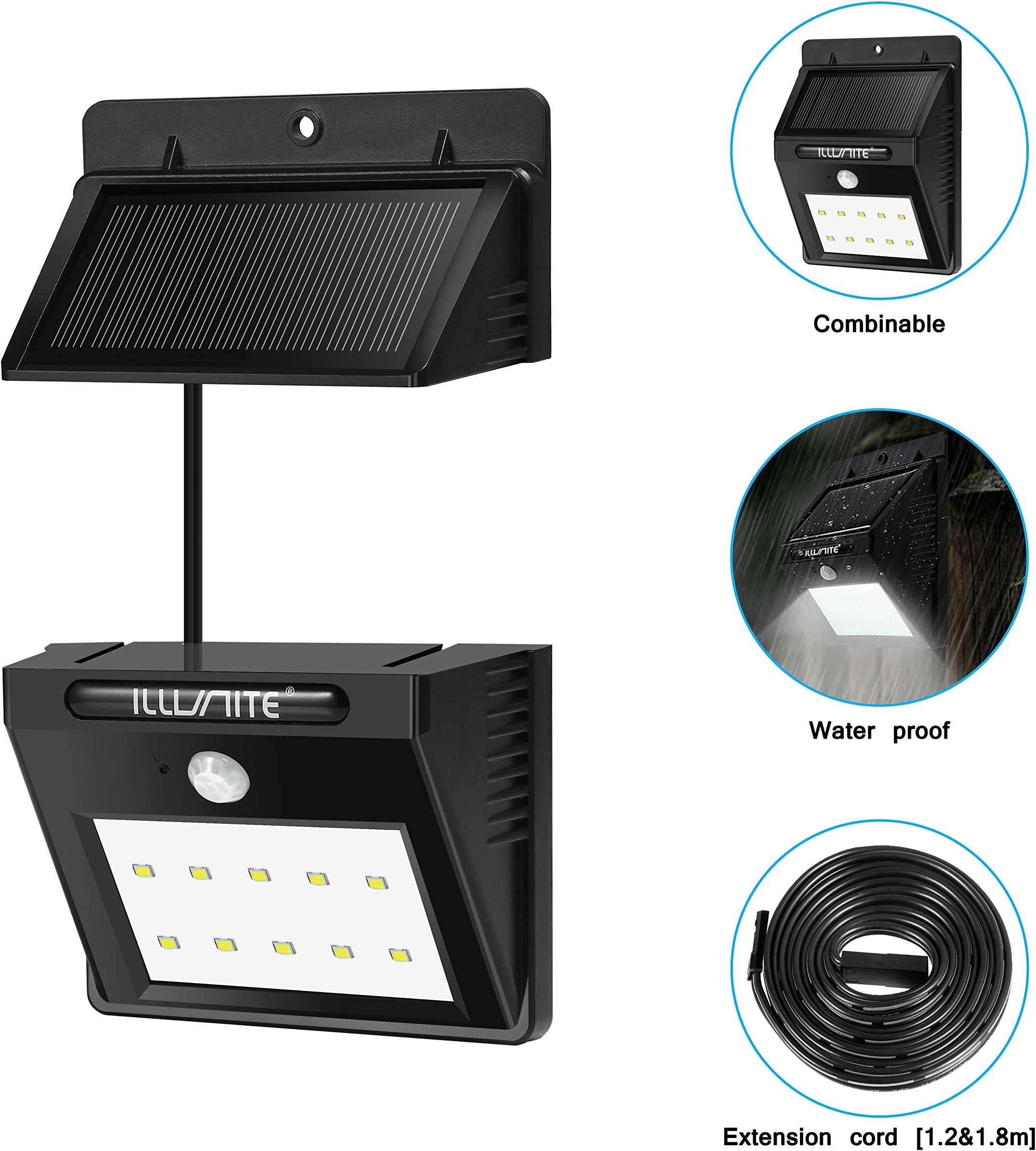 Solar Light Bright 10 LED Waterproof Motion Sensor Security Detachable Design Light for Indoor, Outdoor, Yard, Driveway, Garden Path, with Extra Long Extension Cords