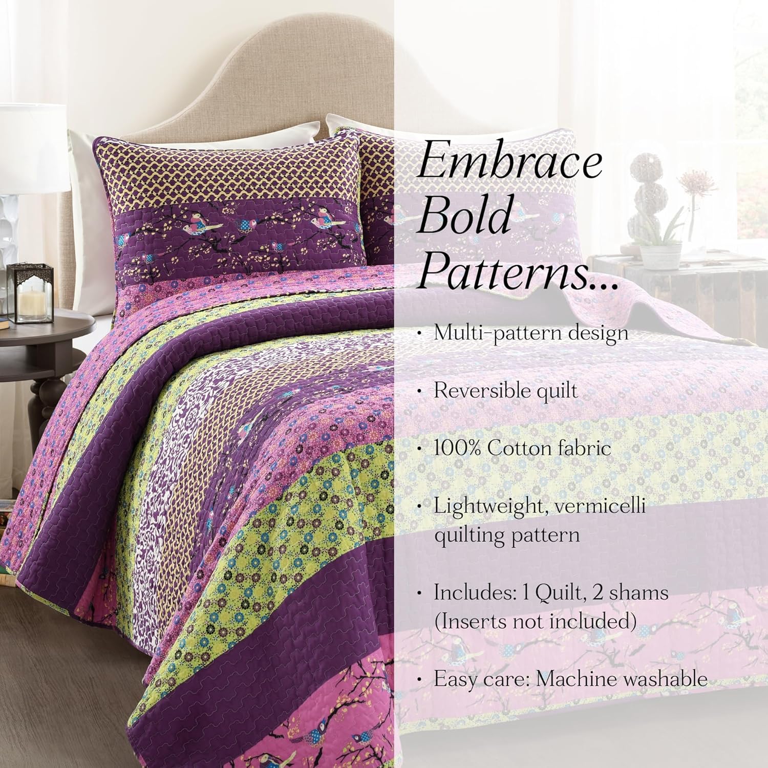 Lush Decor Royal Empire Reversible Cotton Quilt Set, 3 Piece Set Full/ Queen, Plum - Striped Bedding Set - Floral Quilt Queen Size - Purple Bedding - Boho Decor