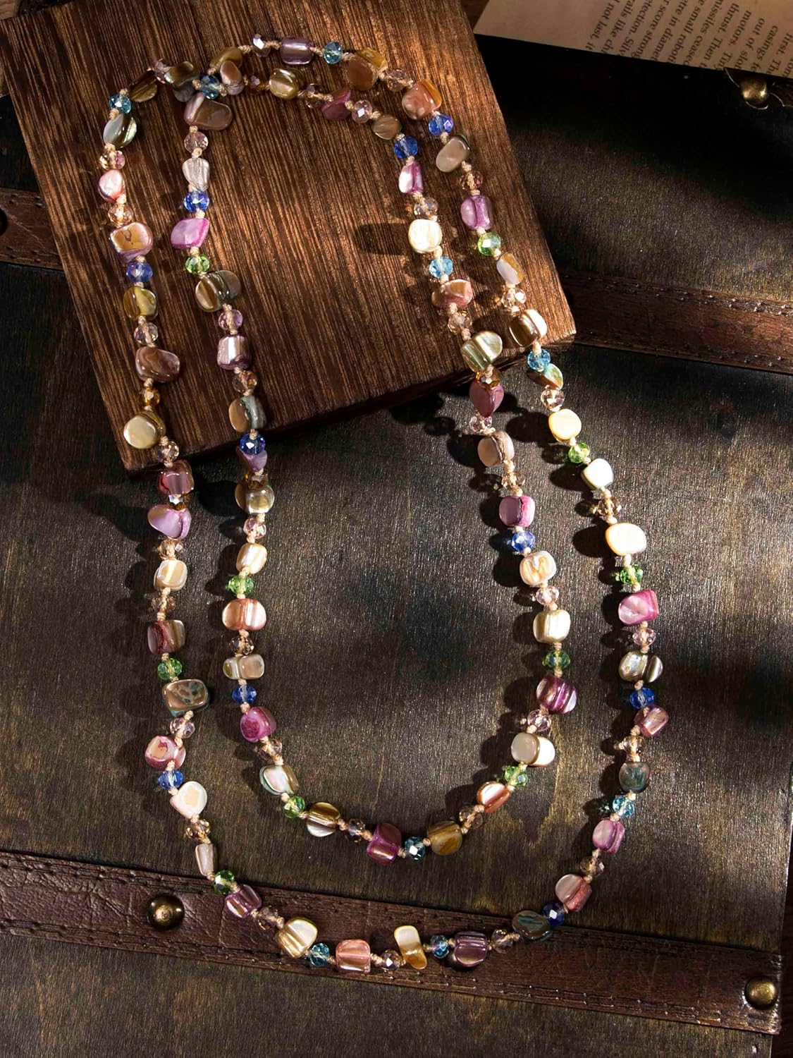 MINACHI Colorful Irregular Beaded Long Necklace, Coated Reflective Glass Beads, Bohemian Vintage Chunky Costume Jewelry for Women - Image 8