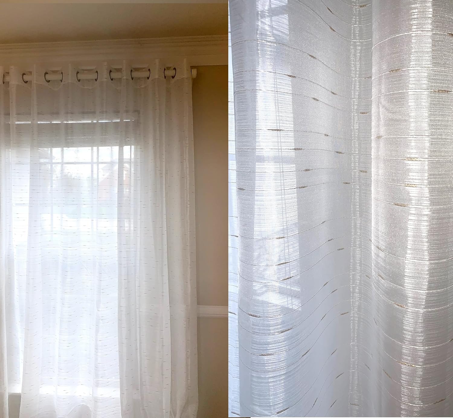 Ikiriska Sheer Polyester Extra Long Curtains 8-24 ft Grommet top (White with Gold Lines, 50″Wx096″L)