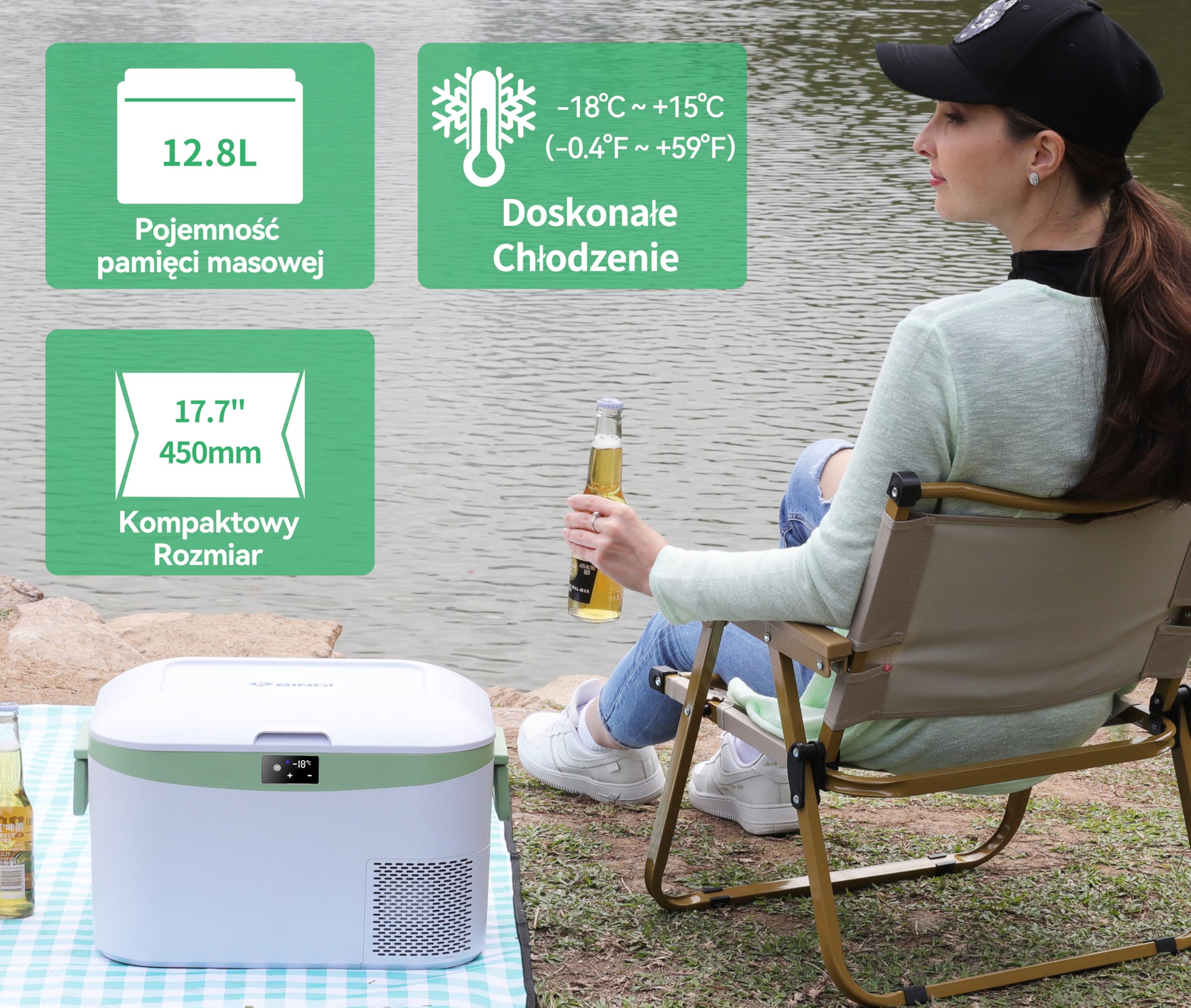 BINGI przenośna lodówka samochodowa 12.8 l, 12/24 V DC i 230 V AC, mini zamrażarka do samochodu, ciężarówki, na kemping, do domu (15°C do -18℃)