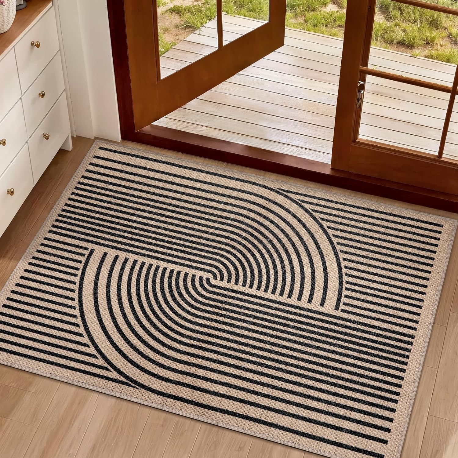 Tangsoo Rainbow Easy Jute Rug,2x3 Washable Small Area Outdoor Rug for Entryway Non-Slip Thin Black Throw Mat Modern Farmhouse Indoor Carpet for Entrance Kitchen Entry Front Porch