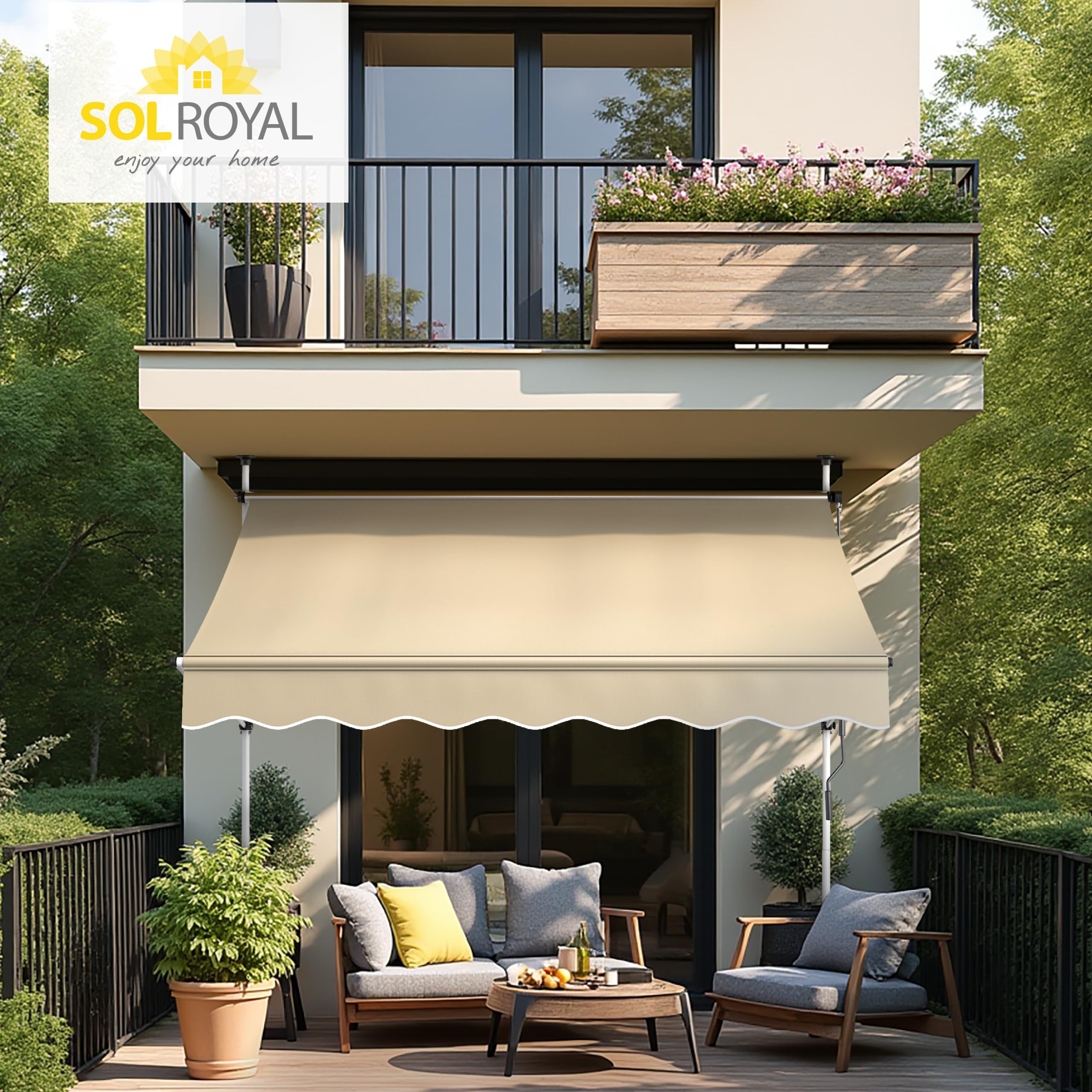 Sol Royal Klemmmarkise 2m breit ohne Bohren – Klemm-Markise mit Handkurbel Balkon Terrassen Sonnenschutz - Standmarkise Beige UV-Beständig Balkonmarkise zum Klemmen Witterungsbeständig BM3