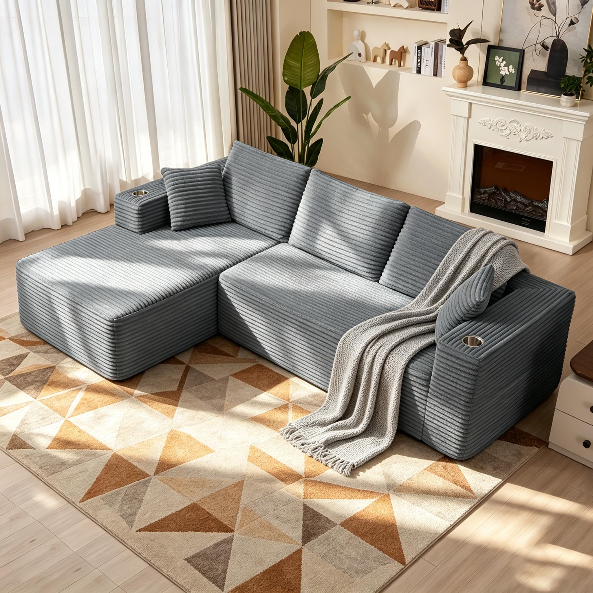 Divano Modulare a Forma di L Divano ad Angolo Divano Letto, Boneless Couch con Portabicchieri, Liberamente Componibile Divano a 3 Posti 4 Posti Sofa Soggiorno Appartamento 261x146x60cm, Grigio