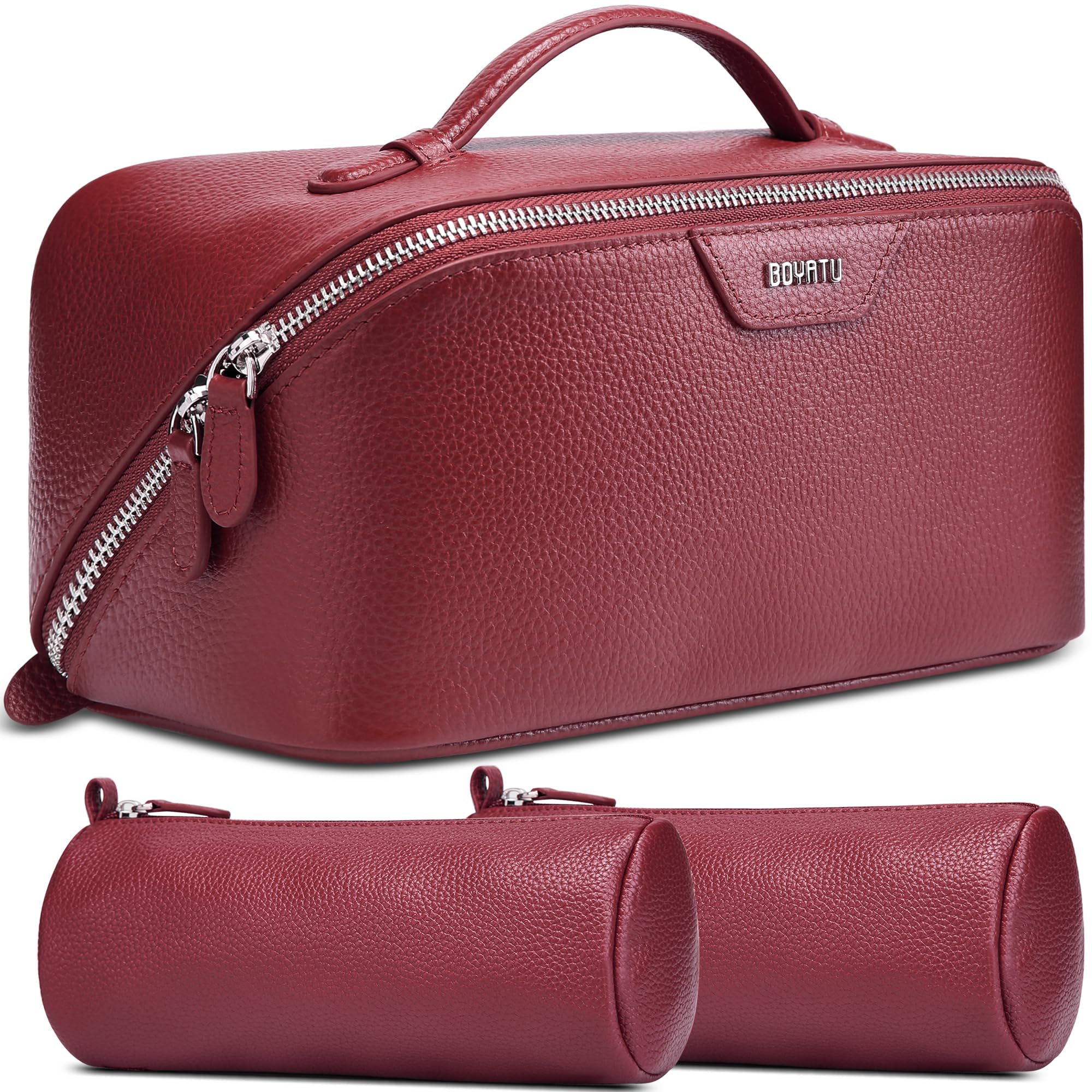 BOYATU Genuine Leather Travel Makeup Bag Burgundy