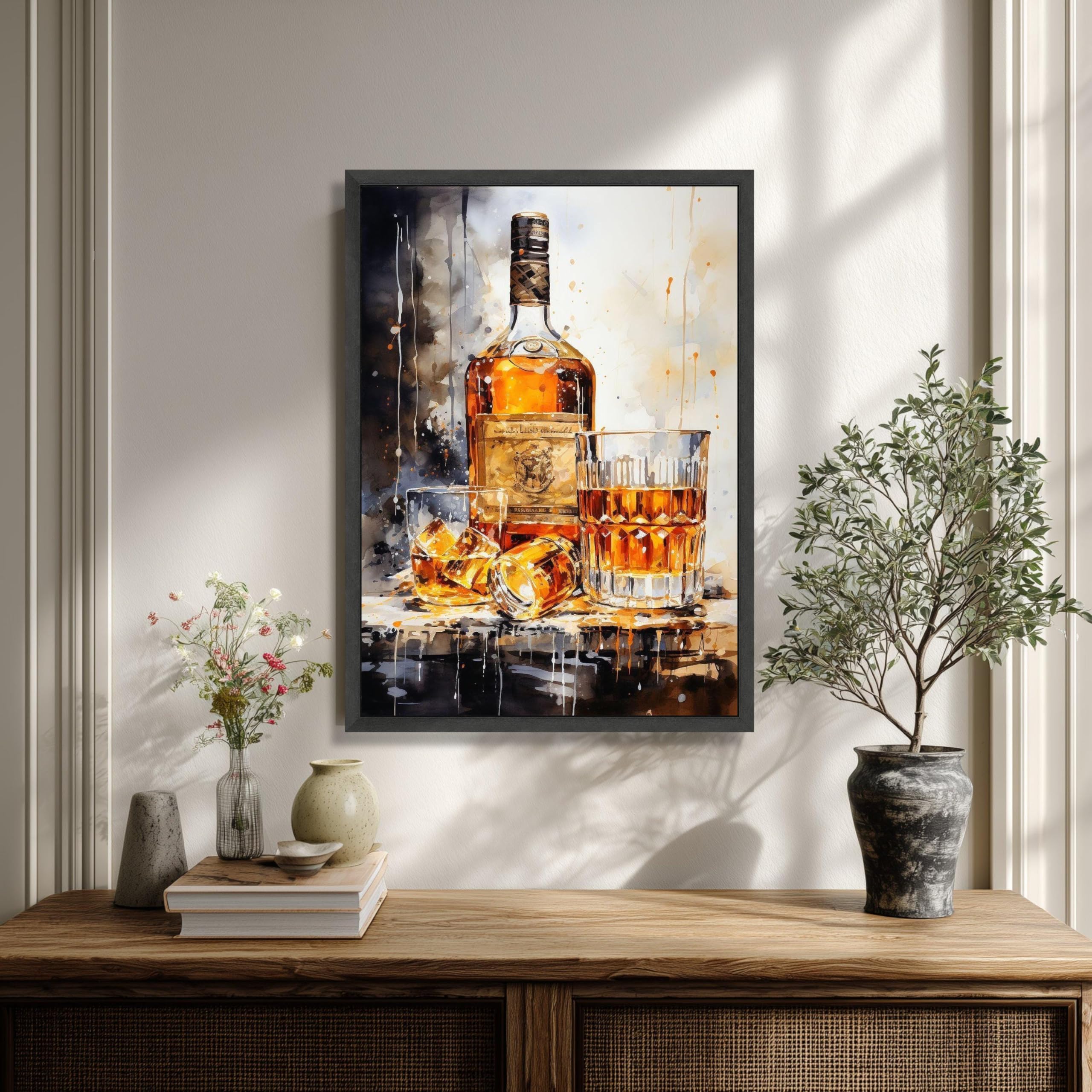 XINBAO Lienzo decorativo de botella de whisky y vasos, decoración de bar, bodegón de whisky, lienzo para bar, obra de arte (80 x 110 cm/marco interior)