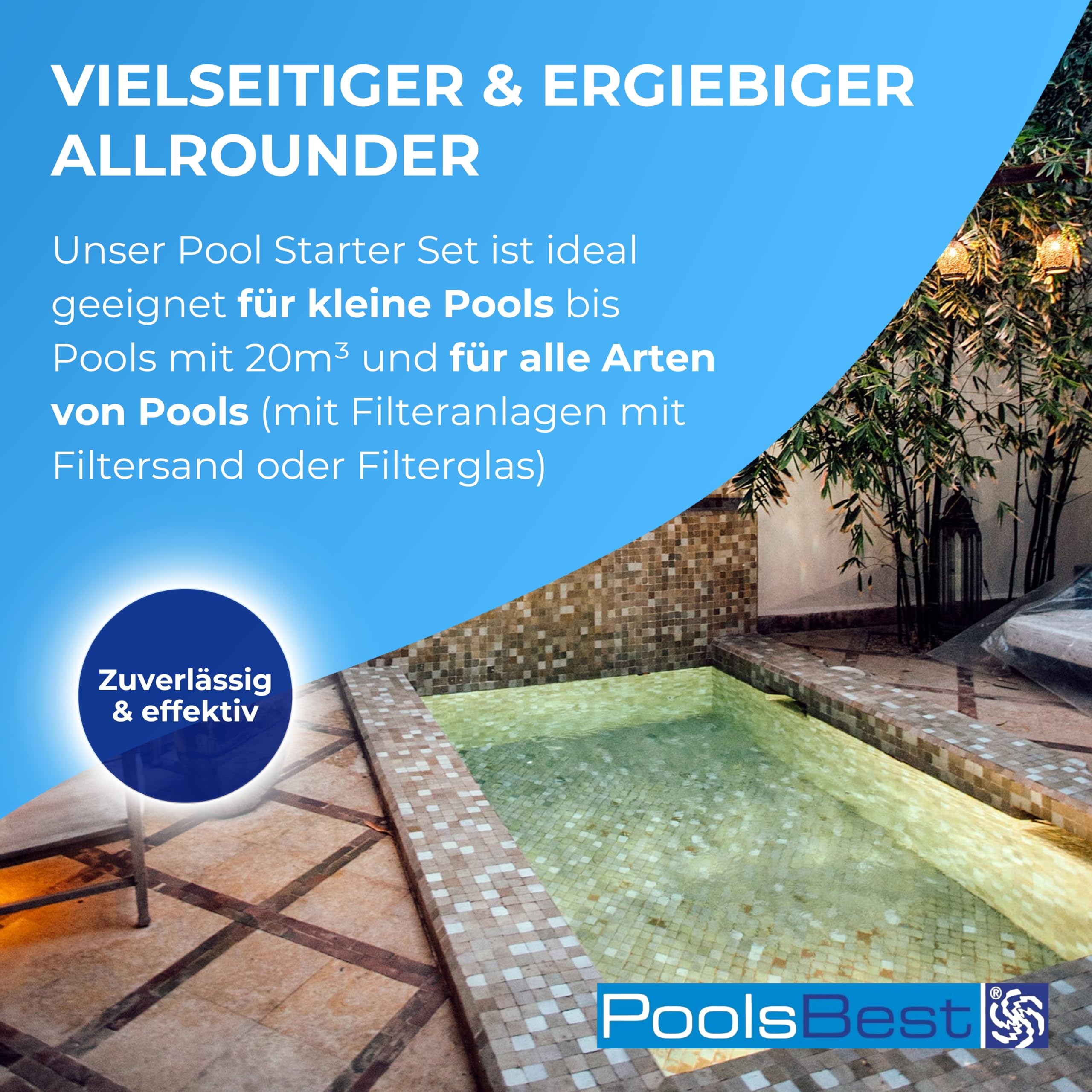 PoolsBest Pool Starter Set 5 in 1 I Pool-Reinigungsset komplett zur Wasserpflege I Pool Zubehör Set für Einsteiger I Mini-Multitabs, Dosierschwimmer, Pooltester, pH-Senker, Chlorgranulat & Anleitung
