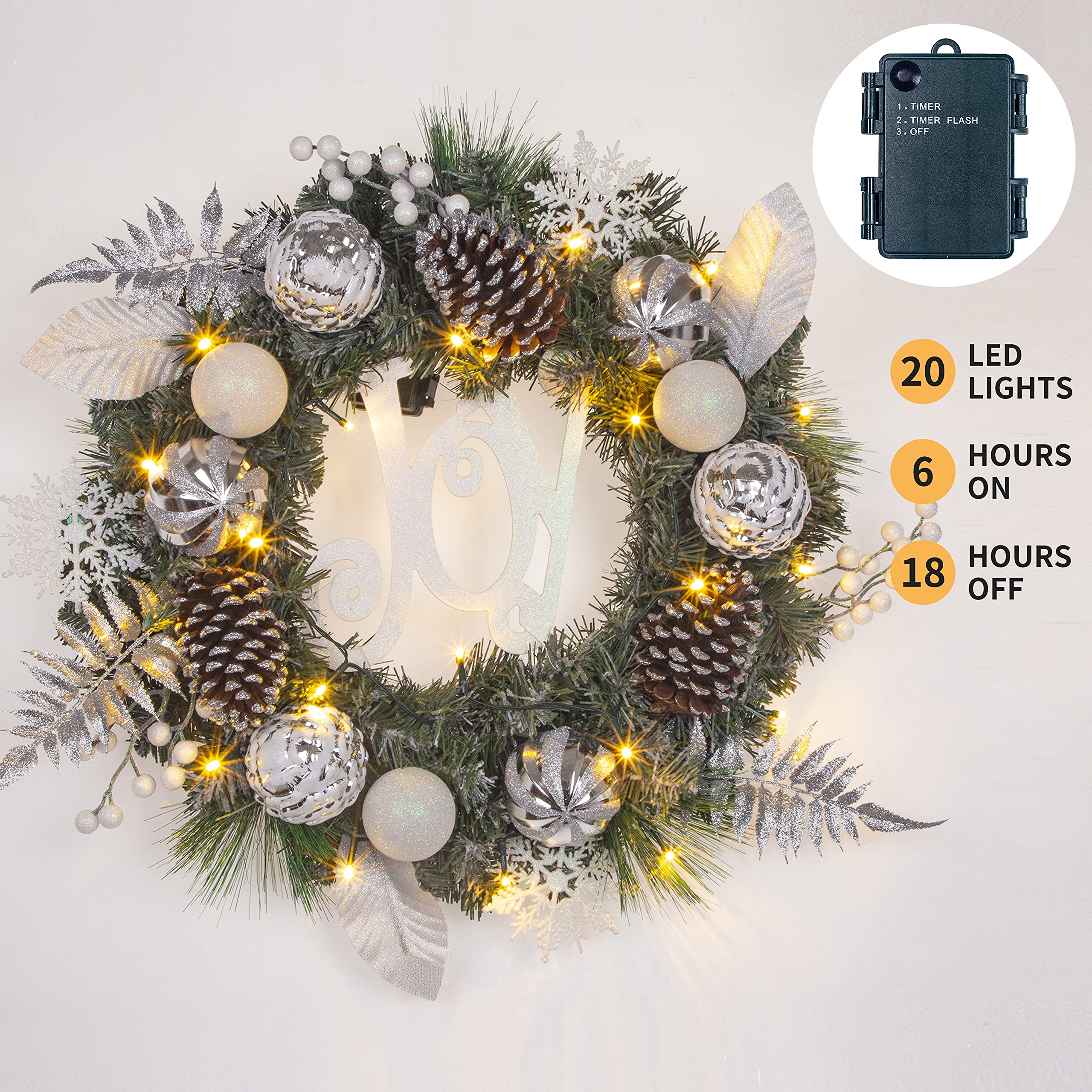 Weihnachtskranz für Haustür Vorbeleuchtet 24 Zoll Weihnachtskranz Beleuchtet Silber Weiß Dekokranz mit Lichtern Beeren Tannenzapfen Kugel Ornamente Batteriebetrieben 20 LED Lichter