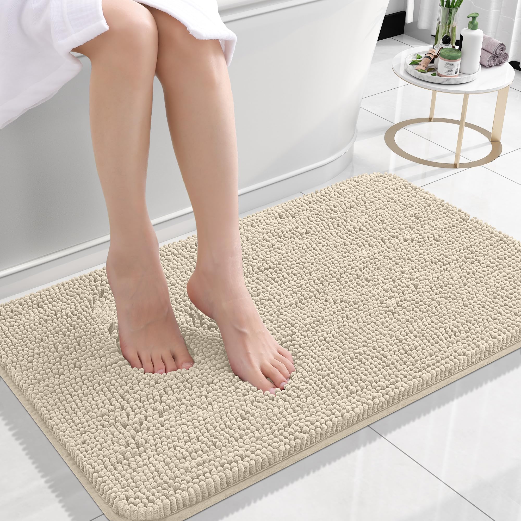 Photo 1 of OLANLY Small Bathroom Rugs 24x16, Extra Soft Absorbent Chenille Bath Rugs, Rubber Backing Quick Dry, Machine Washable Bath Mats for Bathroom Floor, Tub and Shower, Home Decor Accessories, Sand