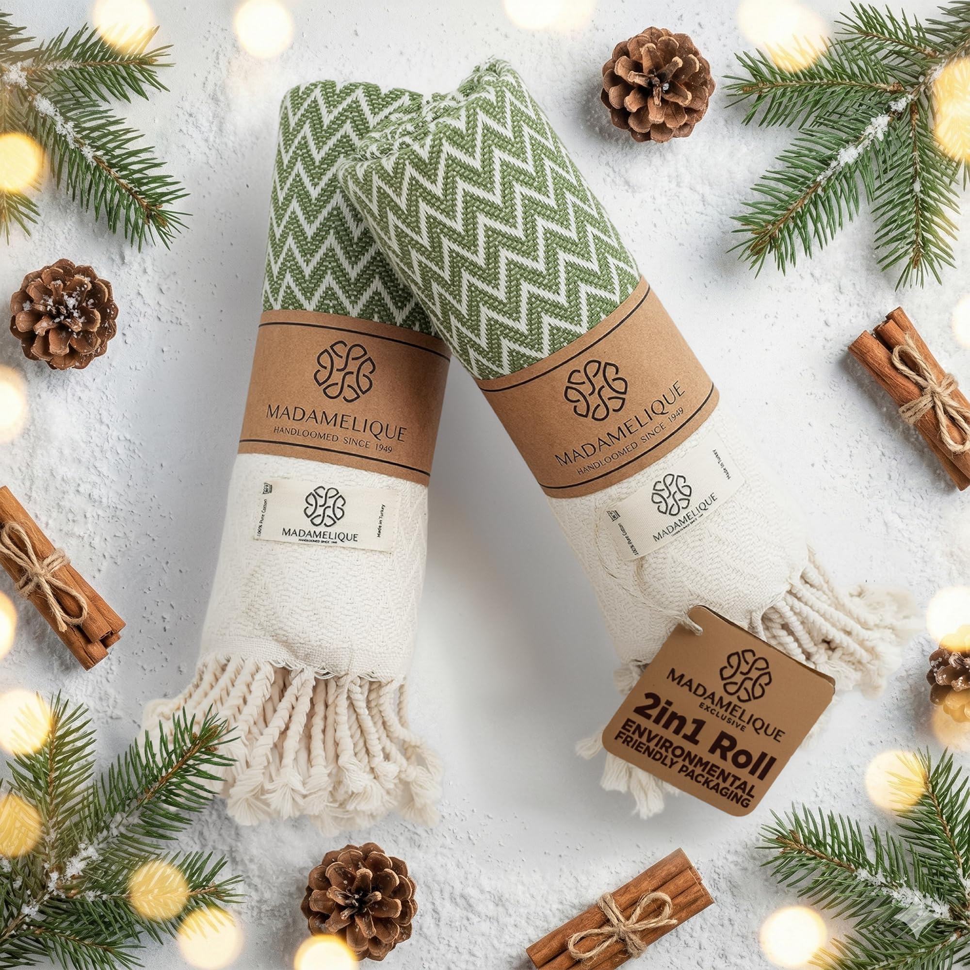 Madamelique Exclusive Hand Towels Set of 2-18 x 40 Inches - Decorative Bathroom Peshtemal Towel for Hand, Face, Hair, Yoga, Tea, Dishcloth, Kitchen and Bath - 100% Pure Cotton (Olive)