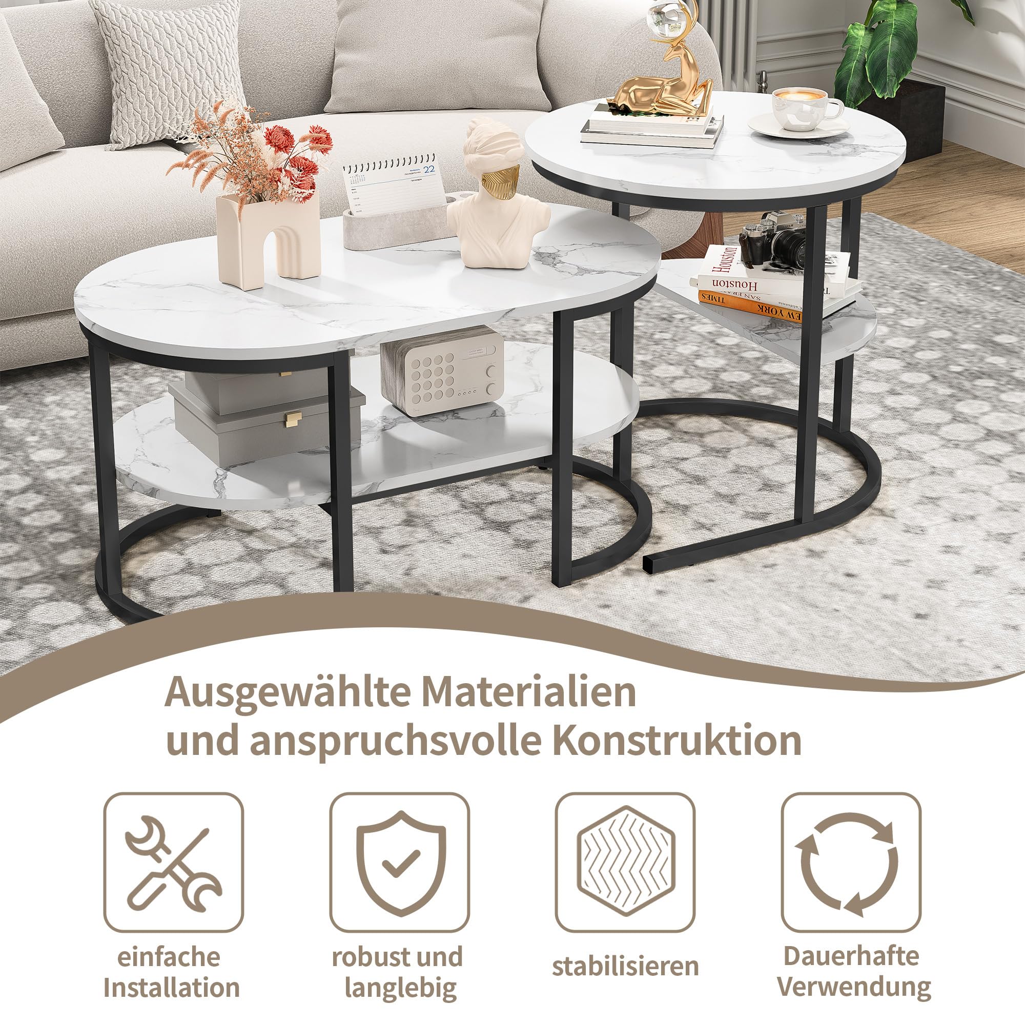 Couchtisch 2er Set,2 in 1 Wohnzimmertisch mit stauraum,Moderne Sofatisch Couchtisch Rund und Oval in Marmor Optik,Metallrahmen satztische fürs Wohnzimmer,Beistelltisch Set