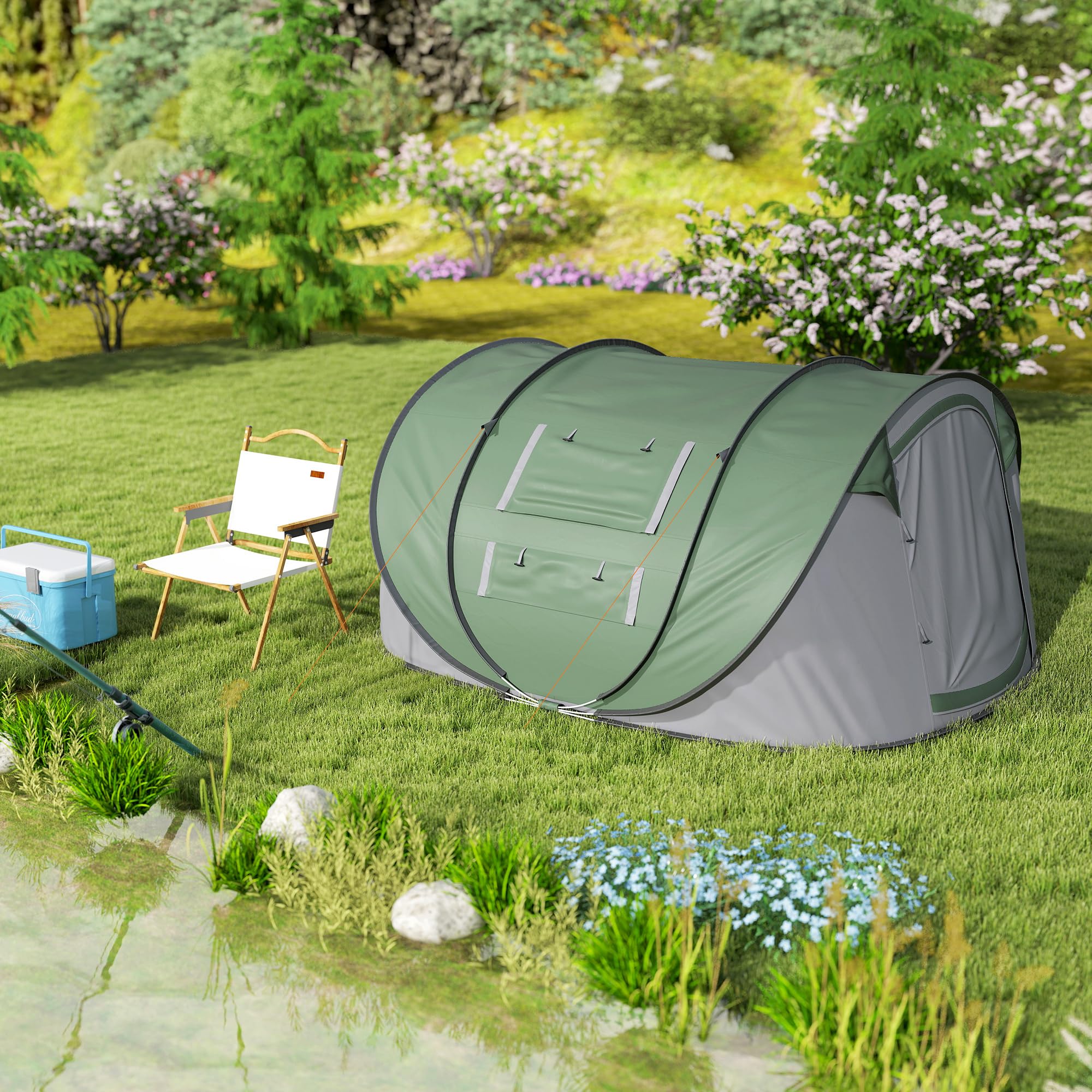 Outsunny Tenda da Campeggio Pop Up 2 Posti Impermeabile 263.5x220x123 cm Verde Scuro