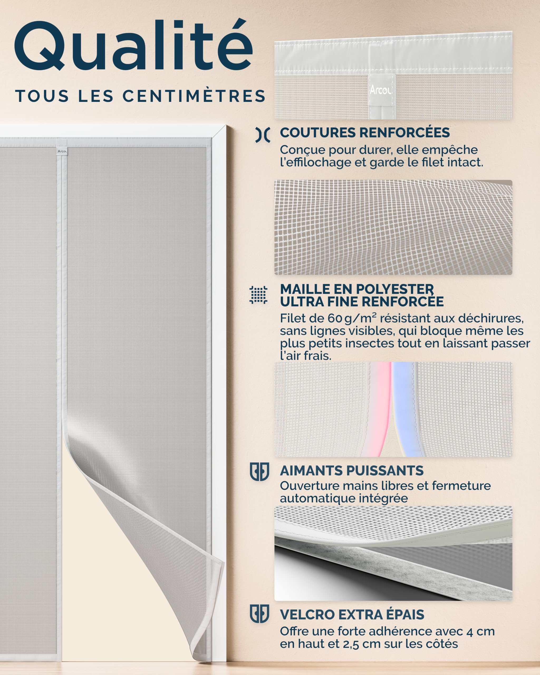 ARCOL Moustiquaire Magnétique pour Portes 155x220 cm Réglable en Largeur – Rideau Moustiquaire Porte Fenêtre avec Bandes Velcro, Moustiquaire Magnétique Porte Fenêtre Raccourcissable (Blanc)