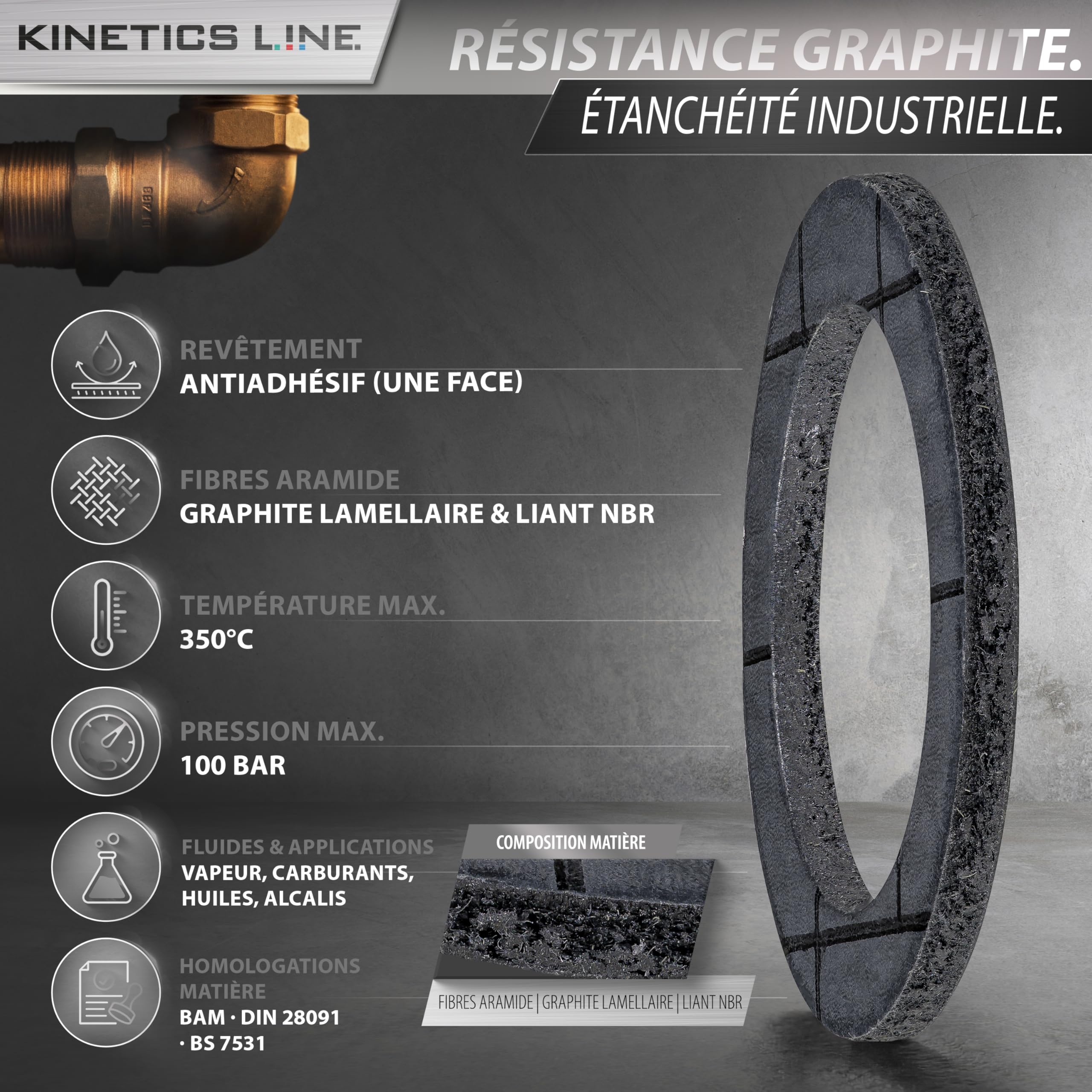 Kit Joints Graphite 300 Pièces – Assortiment Joints de Bride 3/8–1 Pouce – Haute Température Jusqu’à 350°C & 100 bar – Joint Vapeur Haute Pression Industriel