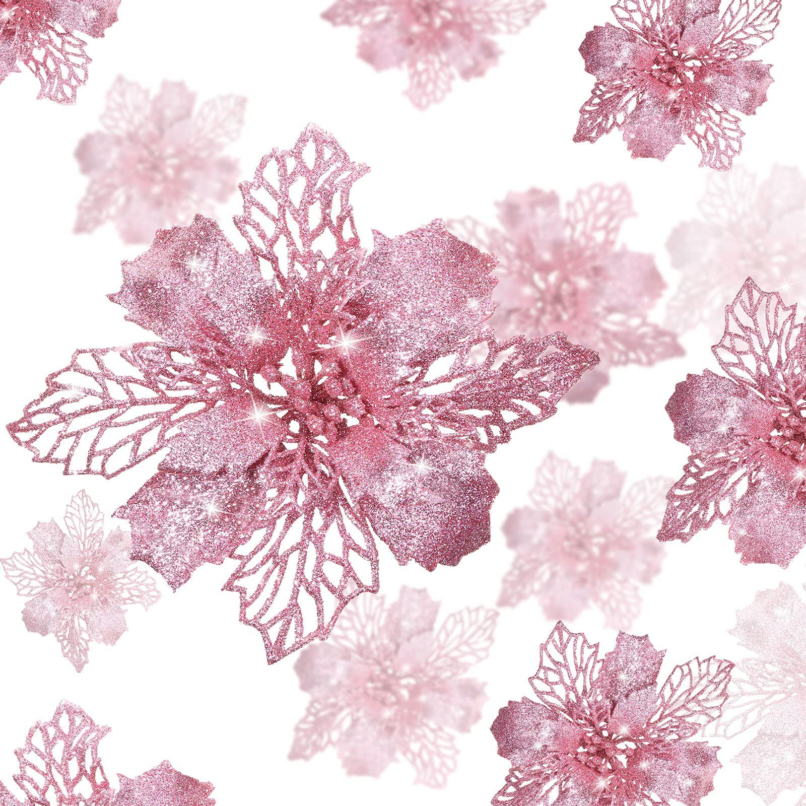 Excefore Glitter Poinsettia Flowers 10 Pieces Glitter Tree Ornaments Artificial Poinsettia Flowers for Wedding Wreath Tree Decoration (Pink)