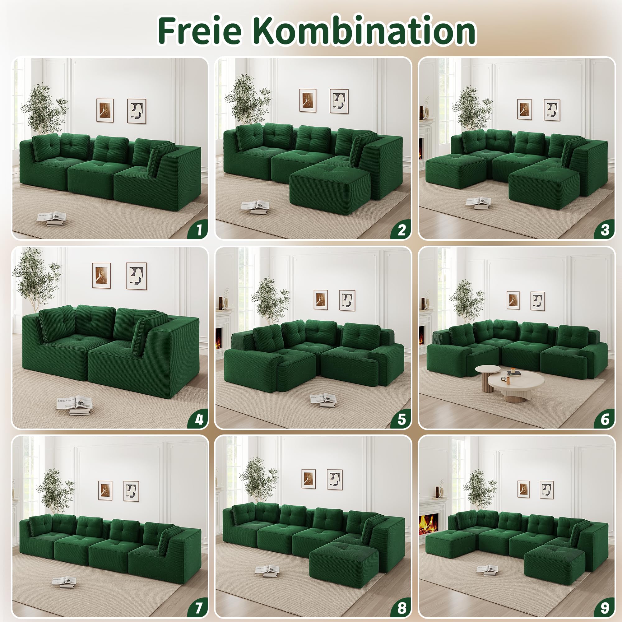 Divano modulare per soggiorno senza Ges, comodo divano a quattro posti con seduta profonda, cuscini morbidi e rivestimento in velluto a coste, nessun assemblaggio, design antiscivolo, verde
