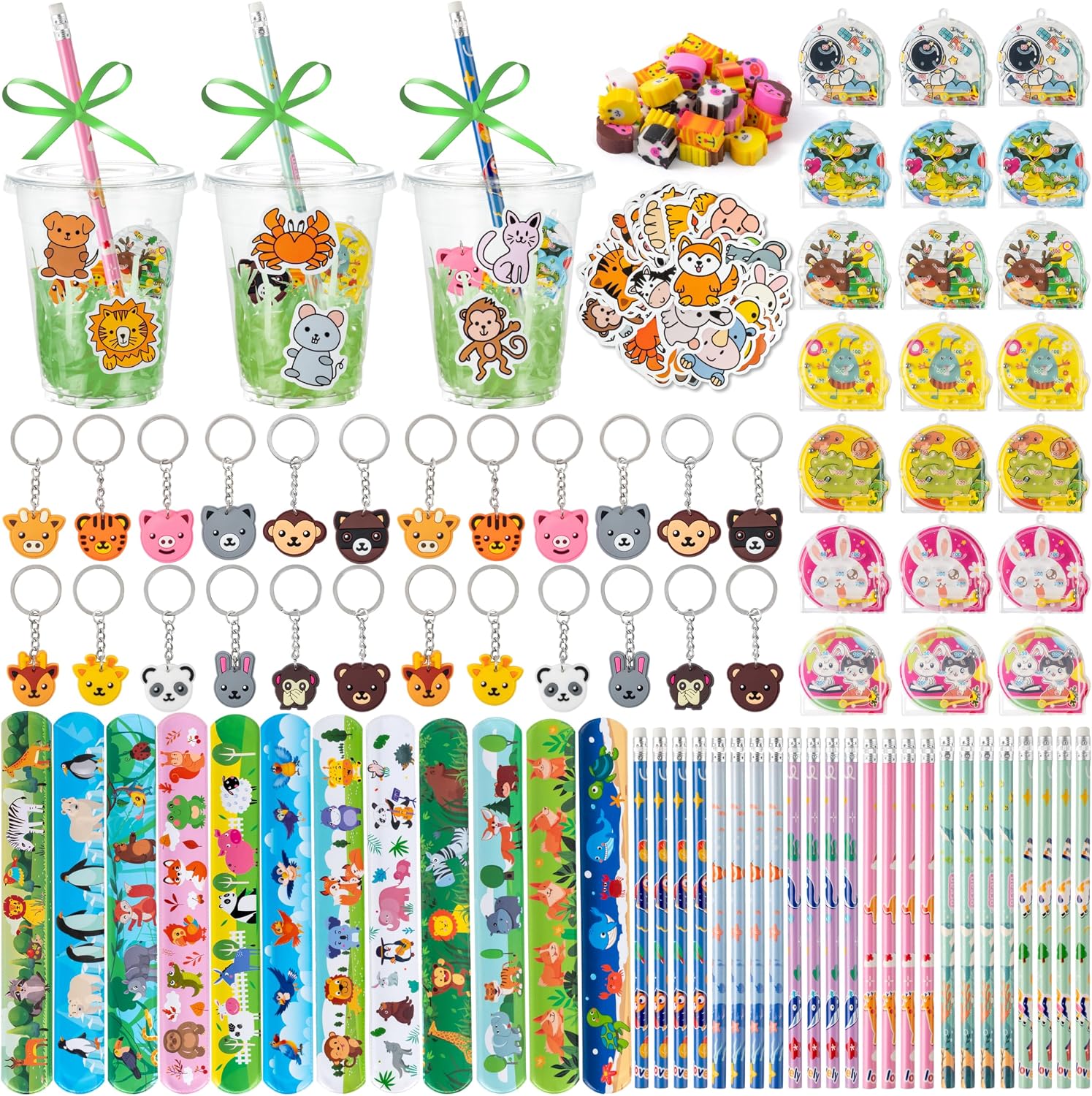 B1ykin Animal Party Favors Return Gifts, 24Pcs Cute Animal Themed Goodie Bag Fillers with Pencil, Eraser, Keychain, Sticker, Snap Bracelet Birthday Incentive Rewards Treats (Adorable)
