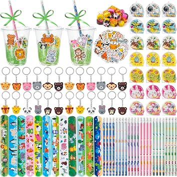 B1ykin Animal Party Favors Return Gifts, 24Pcs Cute Animal Themed Goodie Bag Fillers with Pencil, Eraser, Keychain, Sticker, Snap Bracelet Birthday Incentive Rewards Treats Adorable
