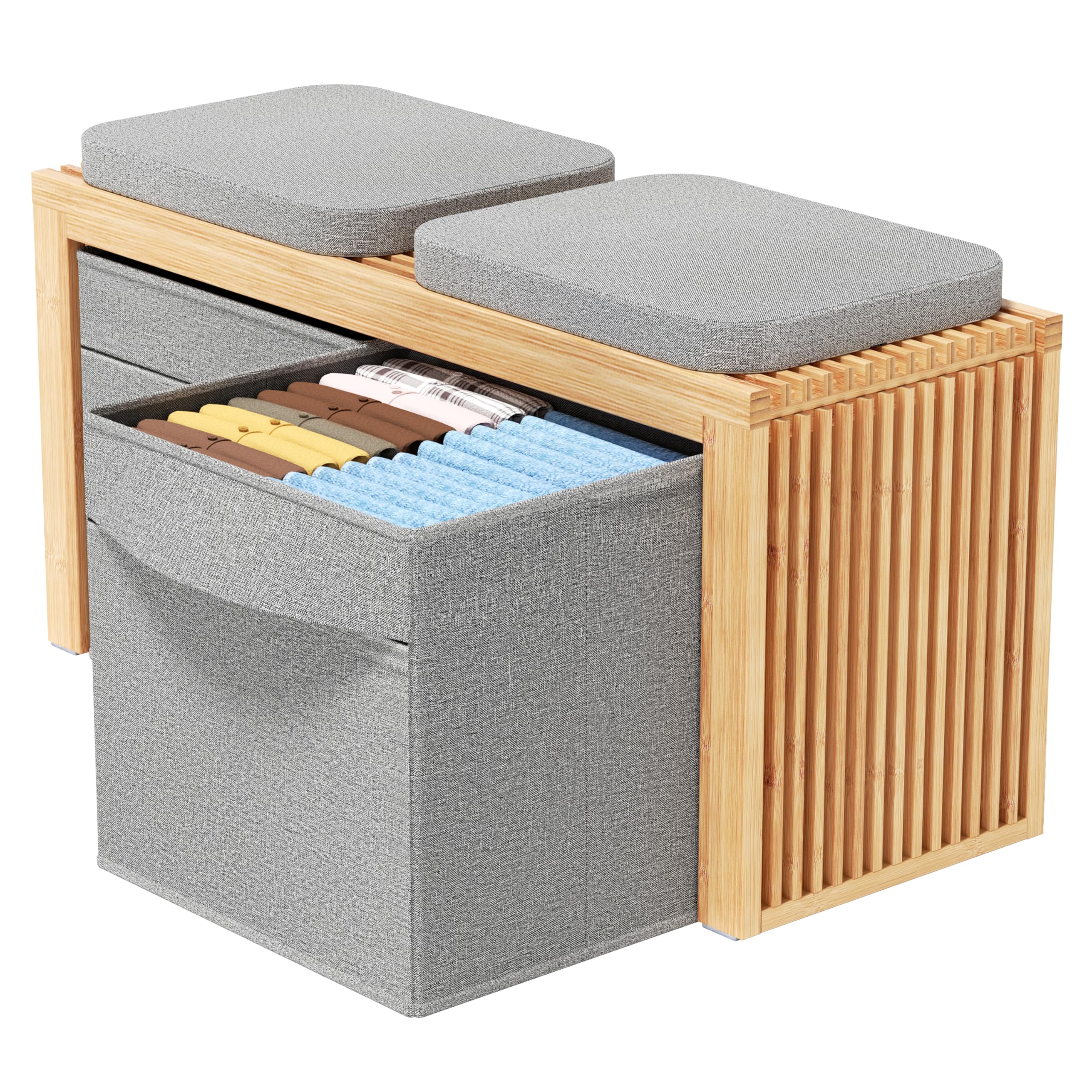 Sitzbank mit Stauraum und Kissen - stabile Aufbewahrungsbank für Flur, Bad, Küche, Esszimmer oder Schlafzimmer - Bettbank aus Bambus 90x33x43 cm - Sitztruhe mit Stauraum bis 250 kg belastbar