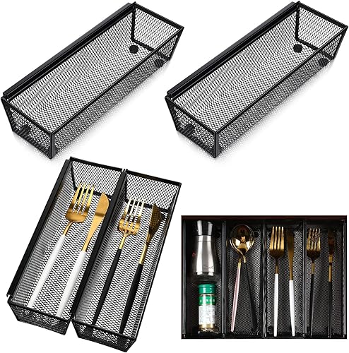 Paquete de 4 organizadores de cubiertos de malla para cajones de cocina, bandeja de cubiertos con brazo entrelazado, soporte estrecho para