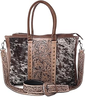 Merbaa Western Cowhide Hairon Leather Tote Bag for Women With Adjustable Tooled Shoulder Strap Leather Purse