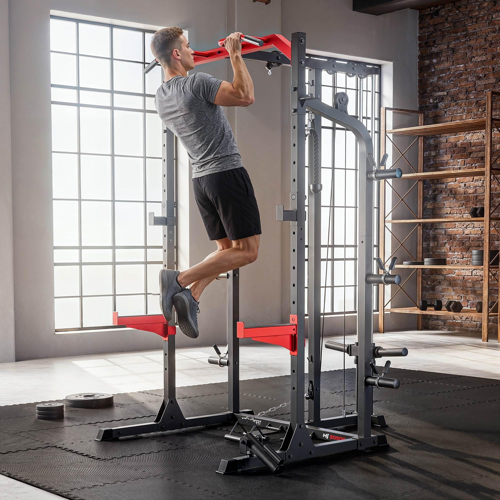 Hop-Sport Power Rack HS-2050K mit Latzug und Kabelzugstation, Power Cage mit Klimmzugstange, Sicherheitsablagen, Landmine, Squat Rack und Langhantelablage für Home Gym Krafttraining zuhause