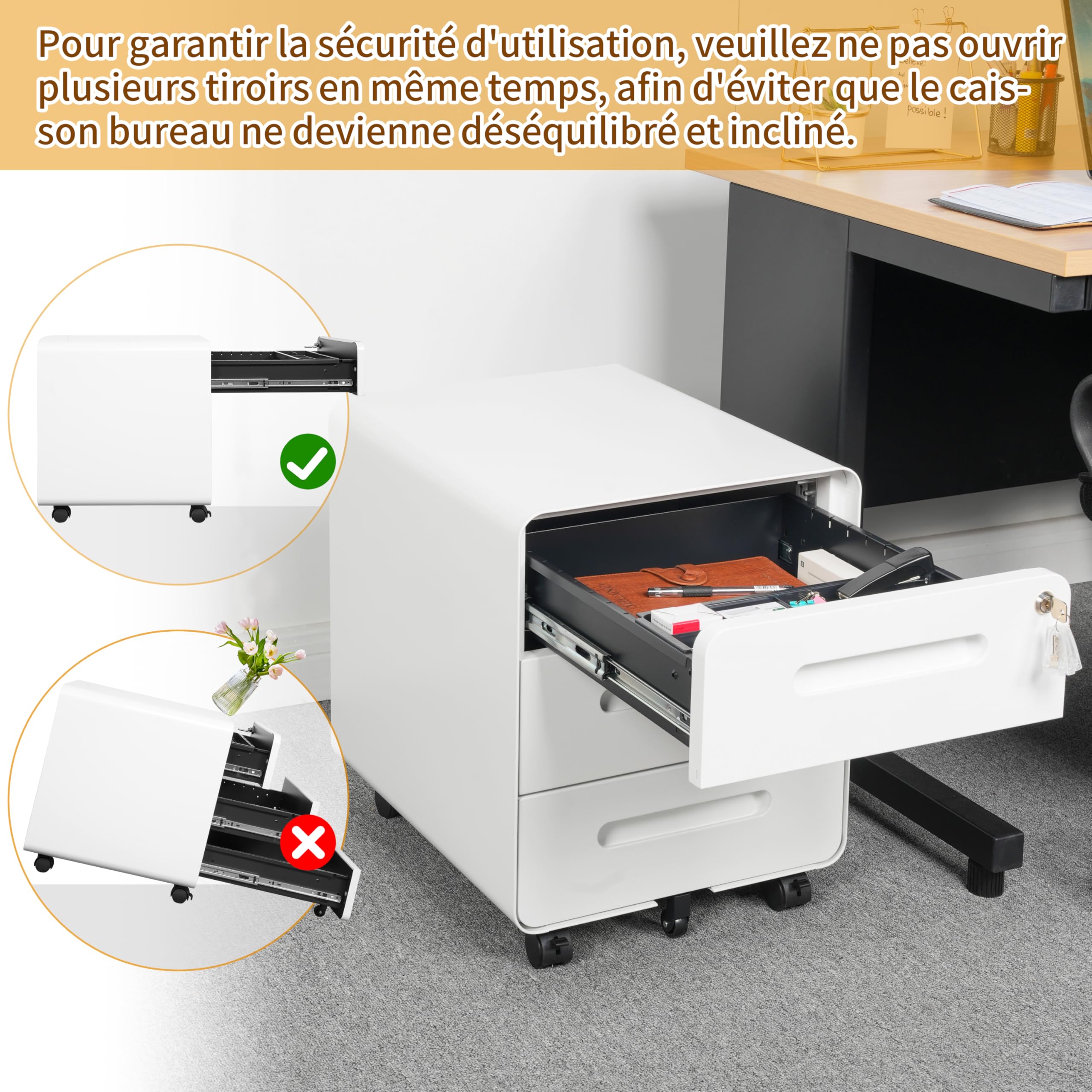 Caisson Bureau, Verrouillable, À 3 Tiroirs, Meuble Bureau, Conception à Coins Arrondis, 4 Clés, Prémonté, Télétravail et Blanc