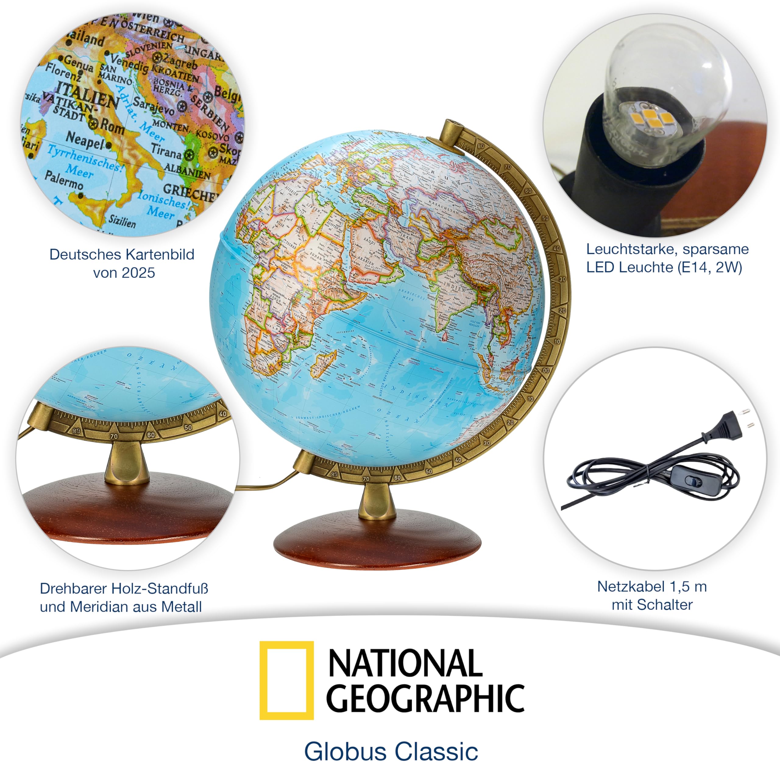 National Geographic - Leuchtglobus im klassischen Stil - 30cm Globus mit stabilem Standfuß und Metall Meridian, Kartenbild 2026 physikalisch/politisch mit LED Leuchte, aktuelles deutsches Kartenbild