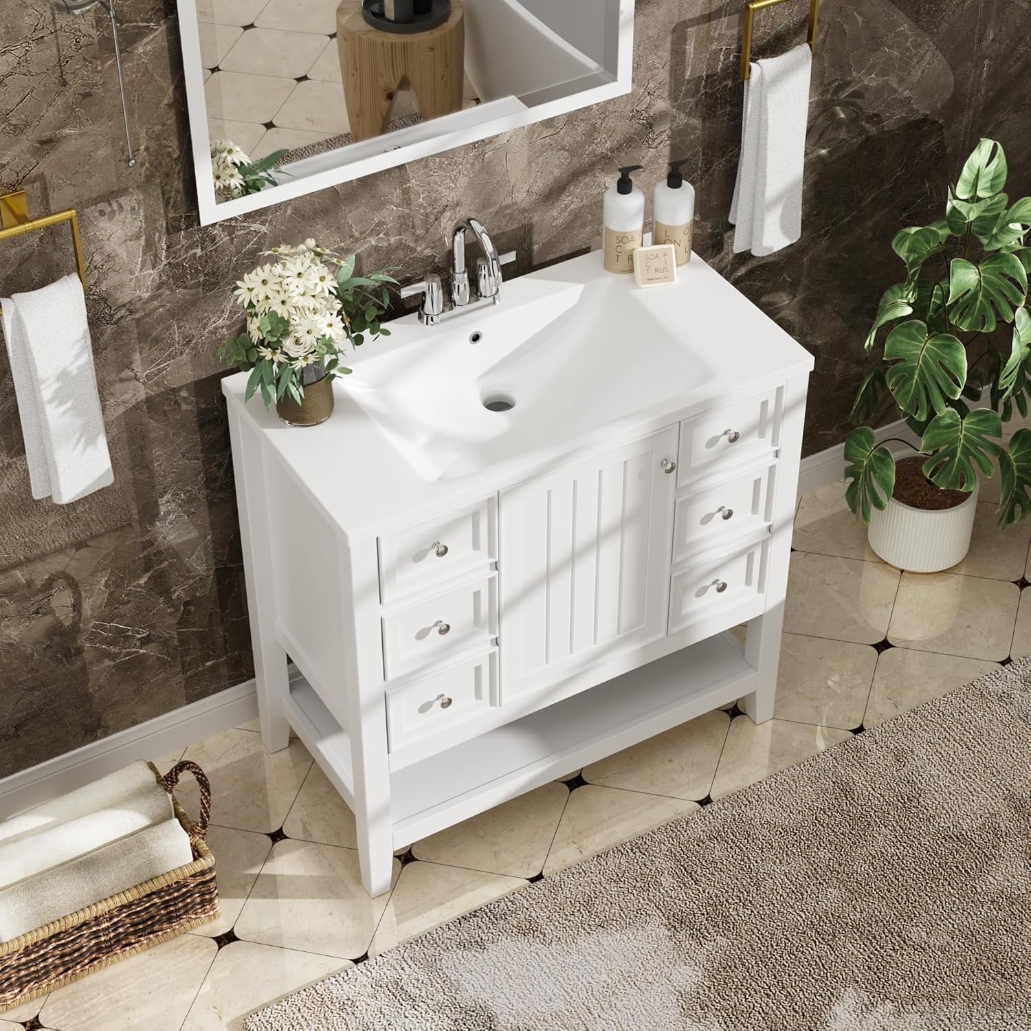 36" Vanity Bathroom Cabinet with Sink Top, Three Multi-Functional Drawers, Open Storage Space, Adjustable Shelf, White