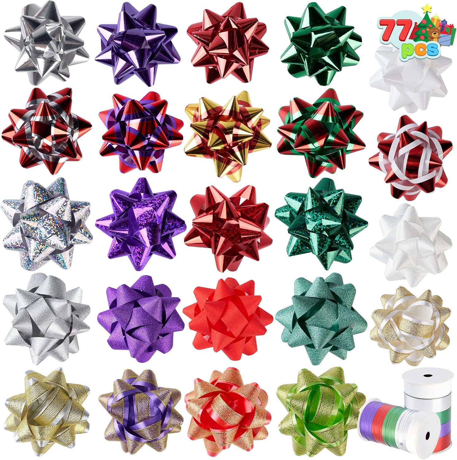 JOYIN 75PCS Christmas Bows Assortment with 2 Rolls of Curling Ribbons,5 Colors Self Adhesive Gift Bows for Gift Wrapping, Birthday Wedding Easter Xmas Presents Boxes Decoration Golden, Purple, Green, Red, Silver 3inch