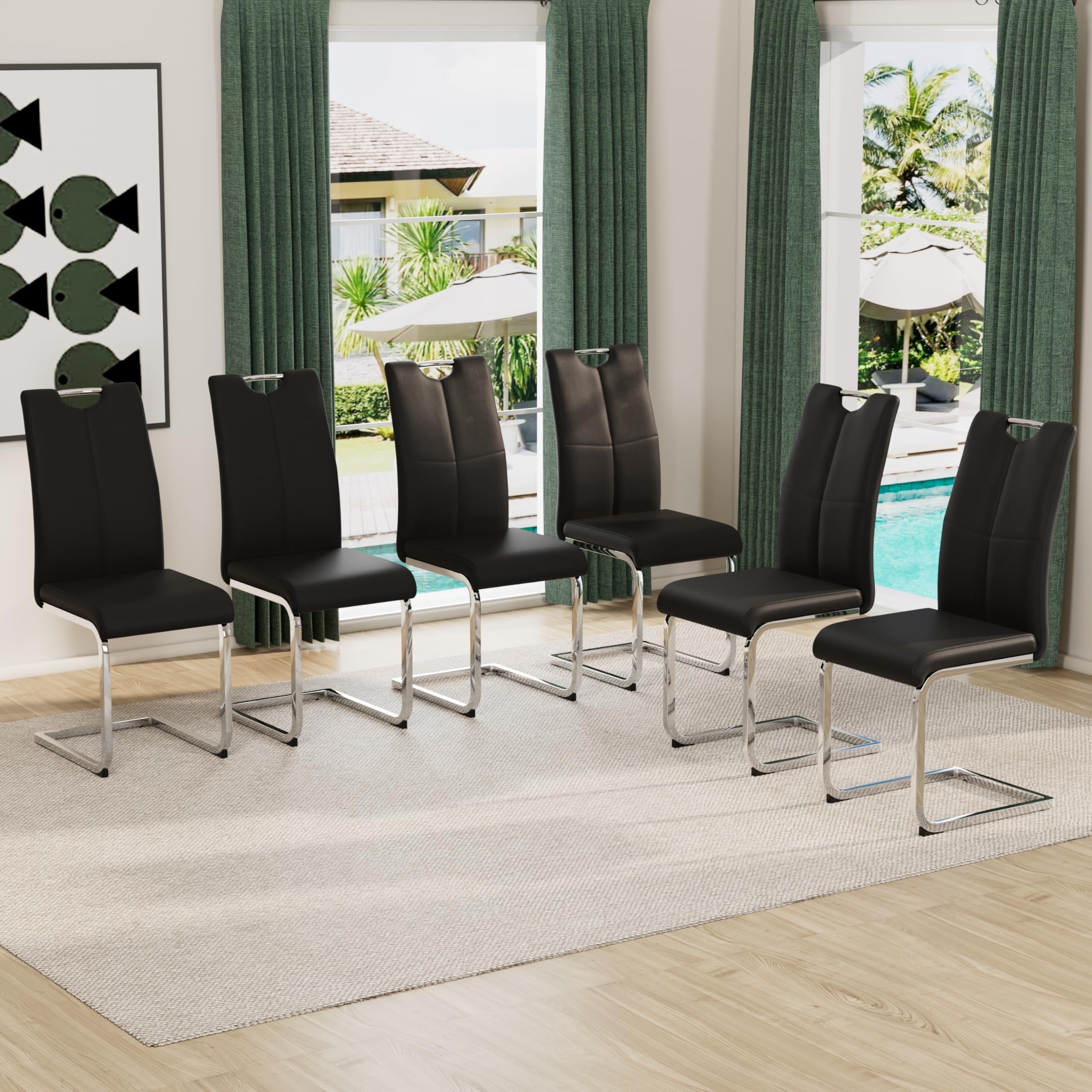 KATBOC Modern Dining Chairs Set of 6 PU Faux Leather High Back Upholstered Chairs with Silver Metal Legs for Kitchen Dining Room, Black