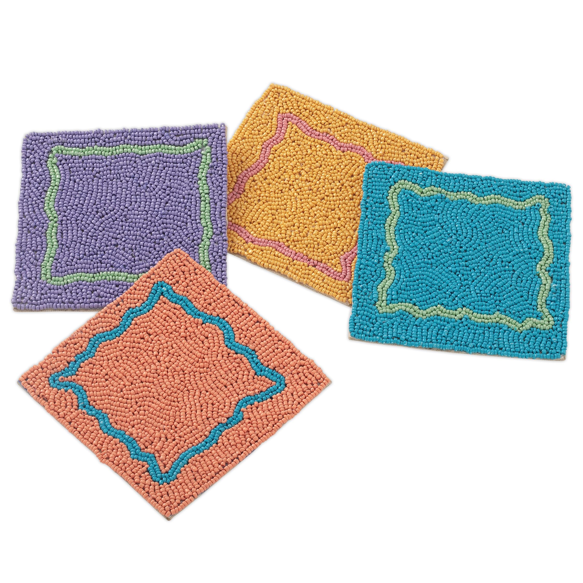 Folkulture Coaster for Drinks, Set of 4 Farmhouse Coasters, 4" Square Cute-Boho-Design for Coffee Table Décor, Modern Bar or Cup-Coasters for Wooden Table