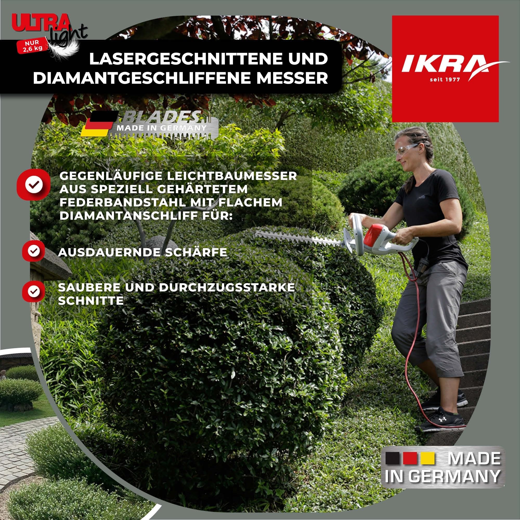 IKRA Elektro Heckenschere Ultralight FHS 1555, 550W, Made in Germany, 2,6kg | Schnittlänge 55cm, Überlastschutz & Blockierschutz, patentiertes Ultralight-Leichtbau-Getriebe, ergonomisches Design