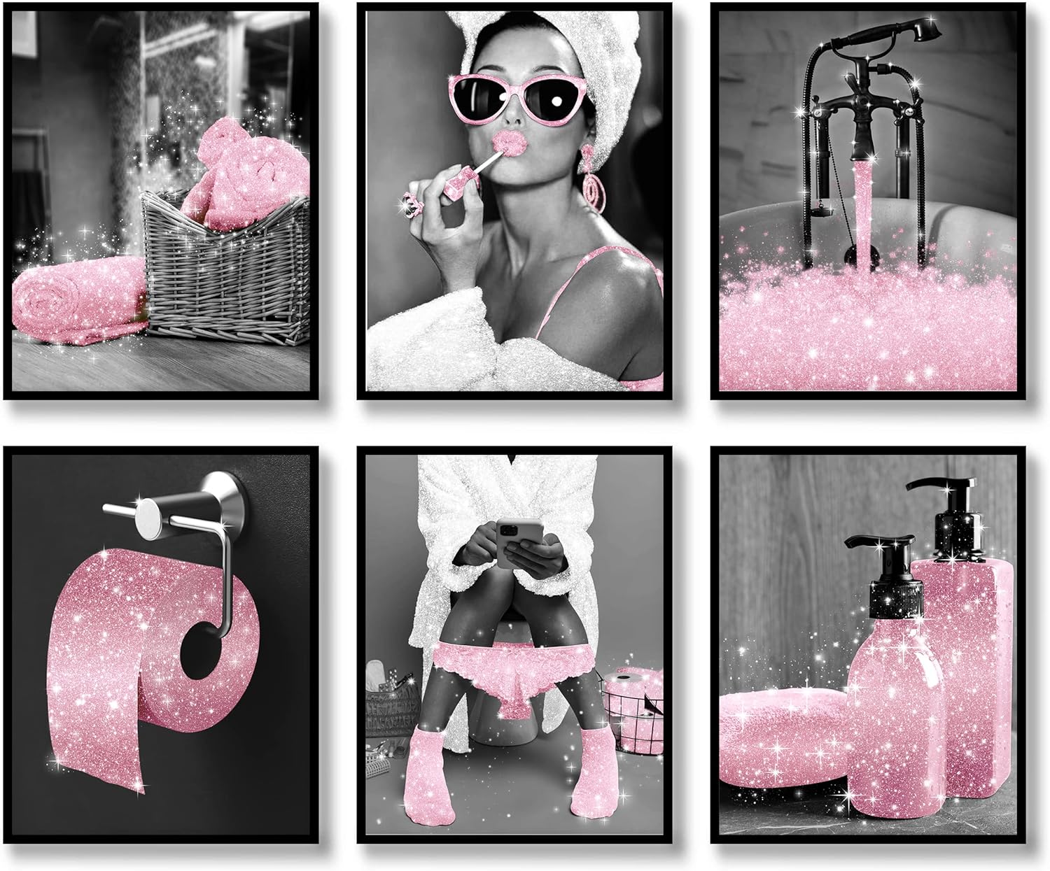 Fashion Wall Art Decor Prints Set of 6 Black and White Pink Glam Glitter Canvas Posters Pictures Photos Artwork Wall Modern Women Funny Bathroom (B&W PINK, 8″x10″ UNFRAMED)