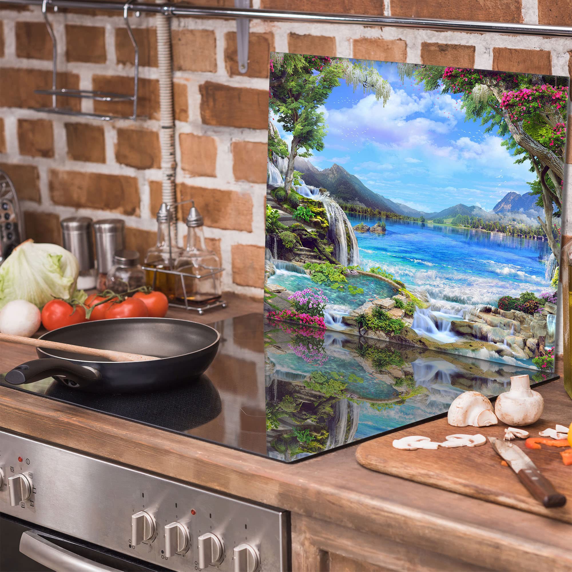 Placa protectora de vitrocerámica 60 x 52 cm 1 pieza cocina eléctrica universal para inducción protección contra salpicaduras tabla de cortar de vidrio templado como decoración, MONTAÑAS