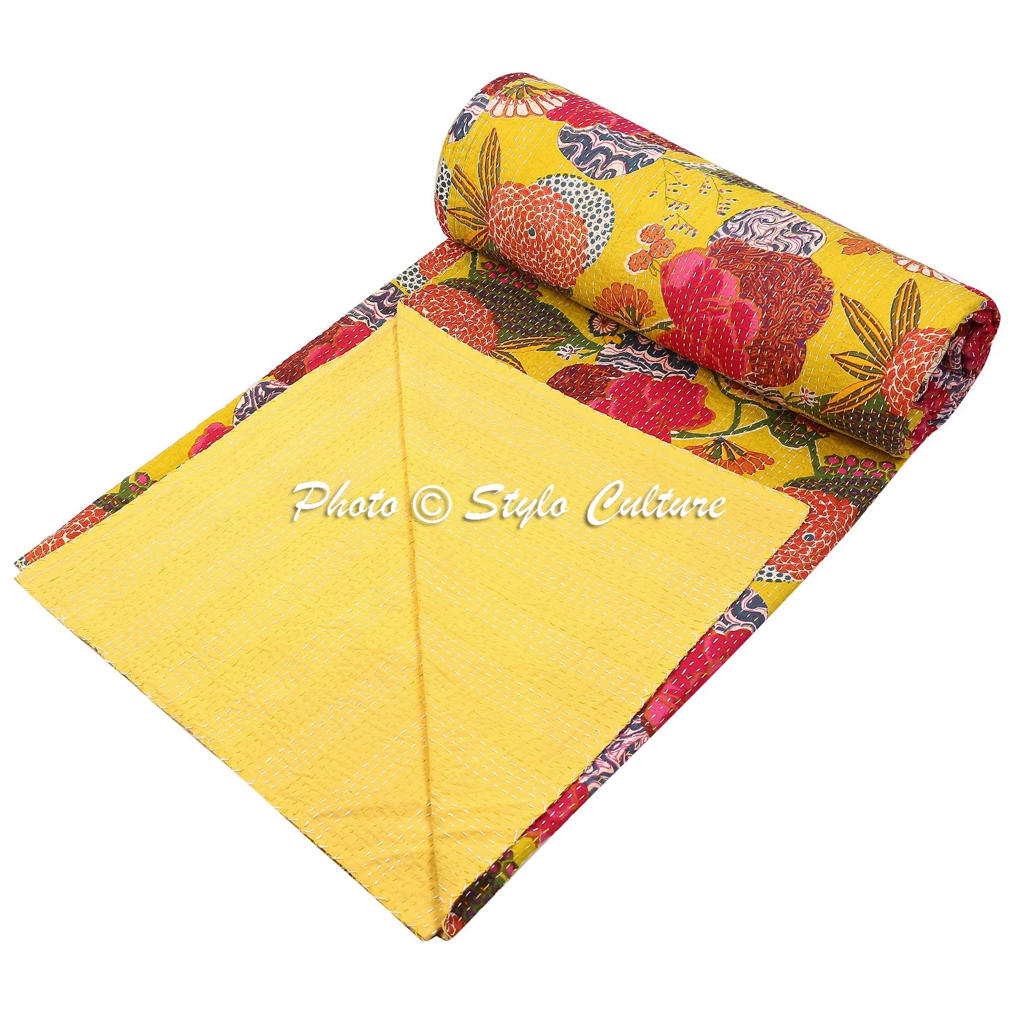 Bedspread Hand Stitch Kantha Printed Cotton Decor Tropical Coverlet Double Bed Yellow-image-31